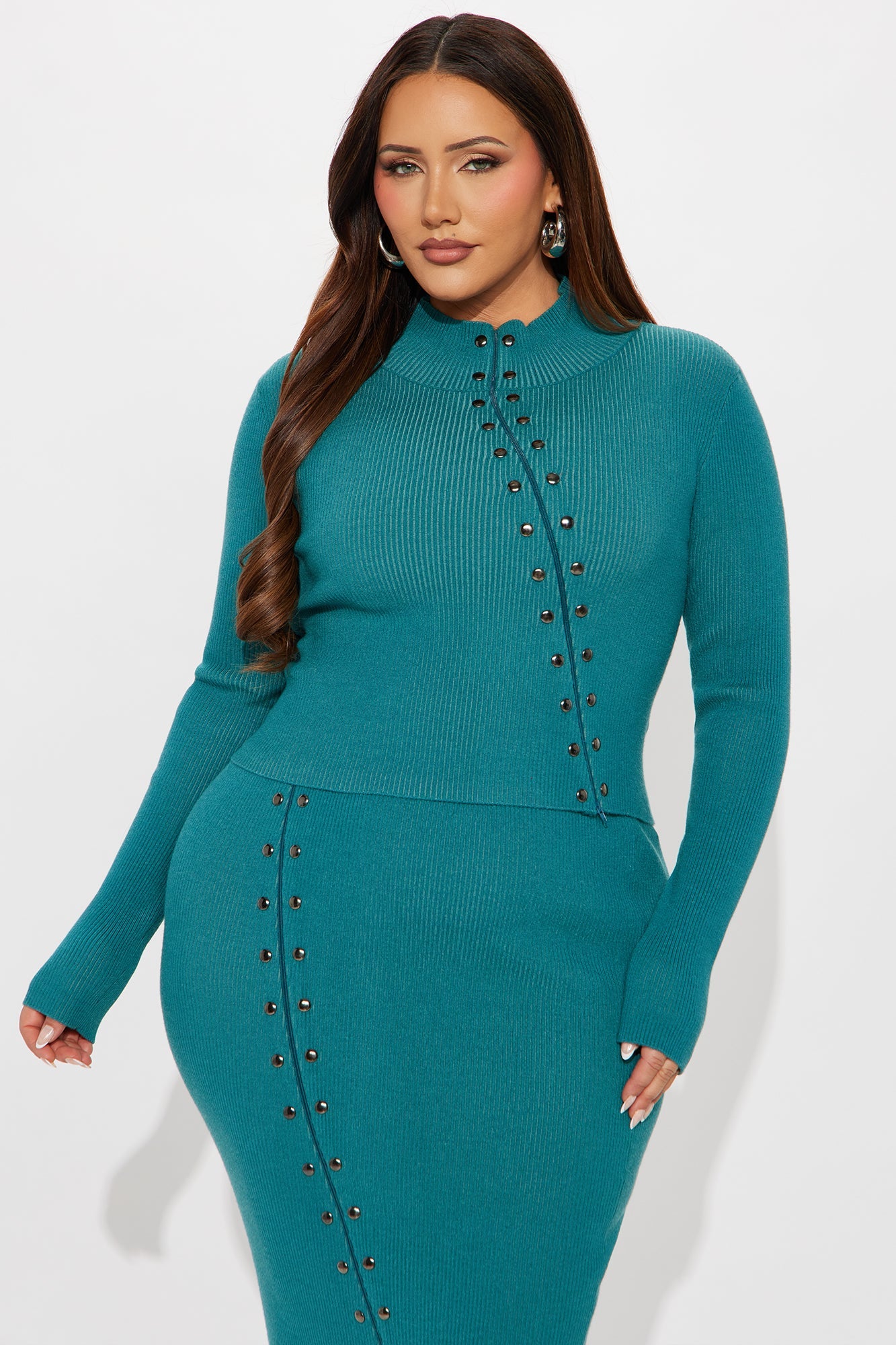 Zenna Studded Sweater Zipper Maxi Skirt Set - Blue