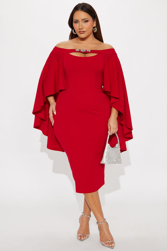 Madalyn Cape Crepe Knit Rhinestone Midi Dress - Red