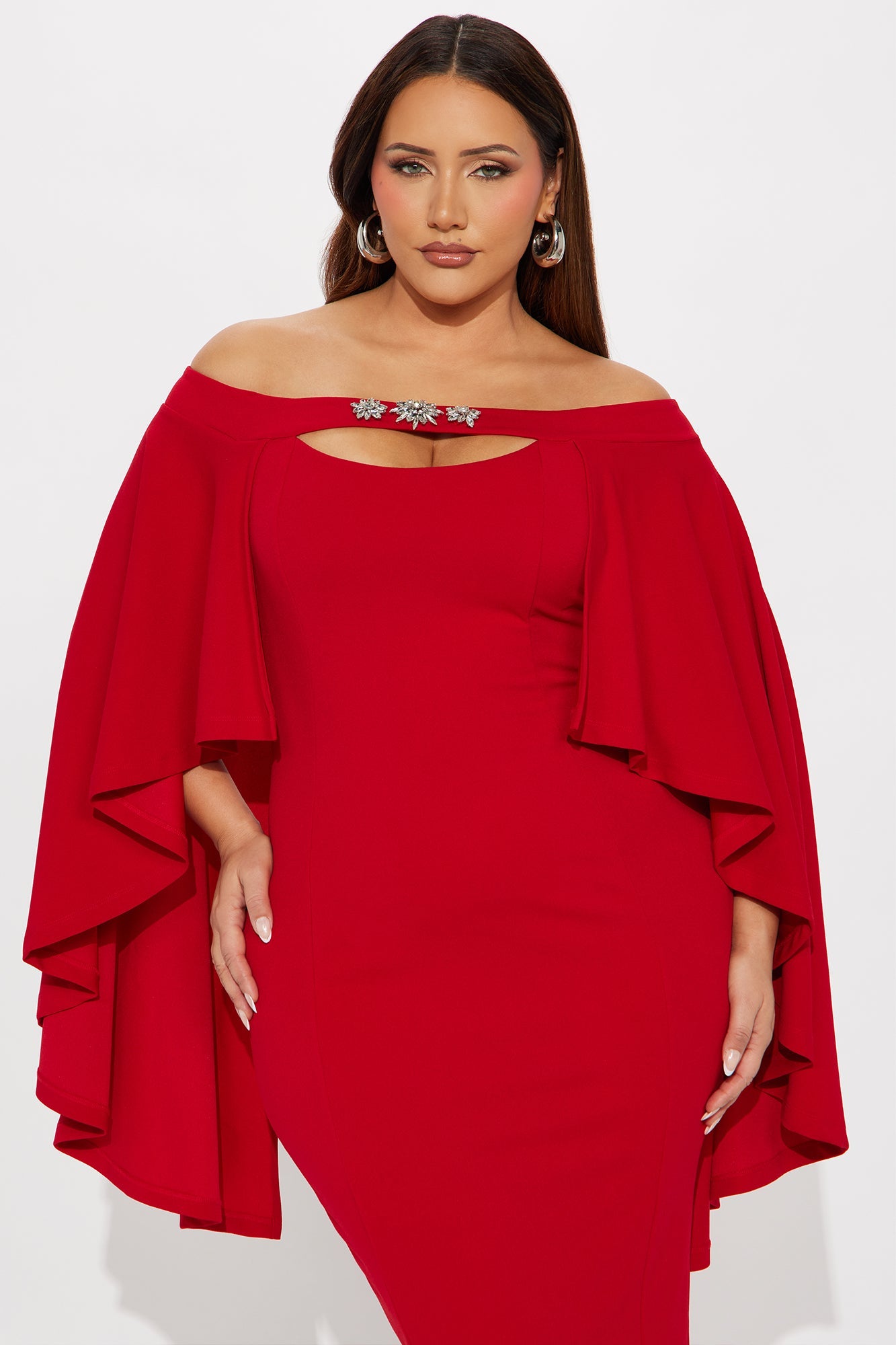 Madalyn Cape Crepe Knit Rhinestone Midi Dress - Red
