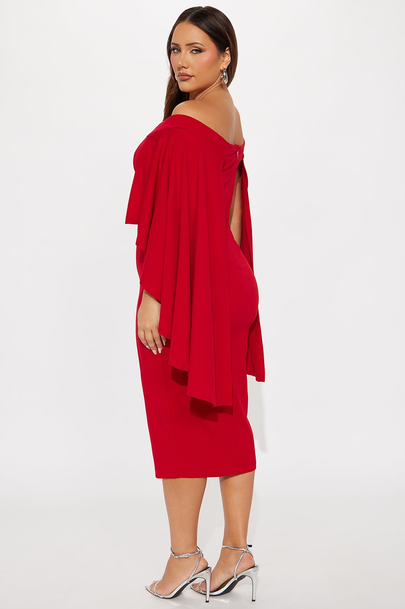 Madalyn Cape Crepe Knit Rhinestone Midi Dress - Red