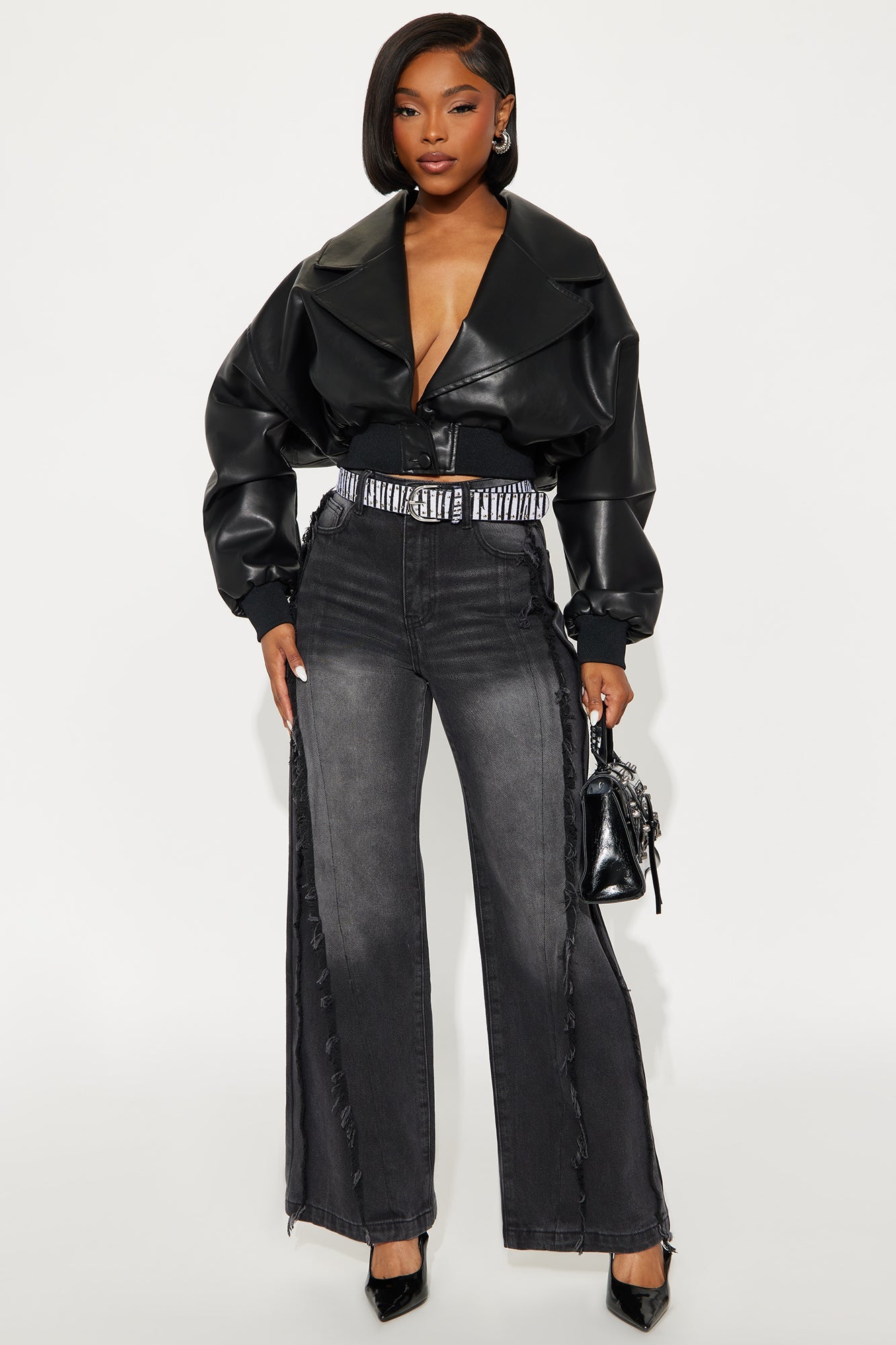 Stick Together Fray Seaming Wide Leg Jeans - Black Wash