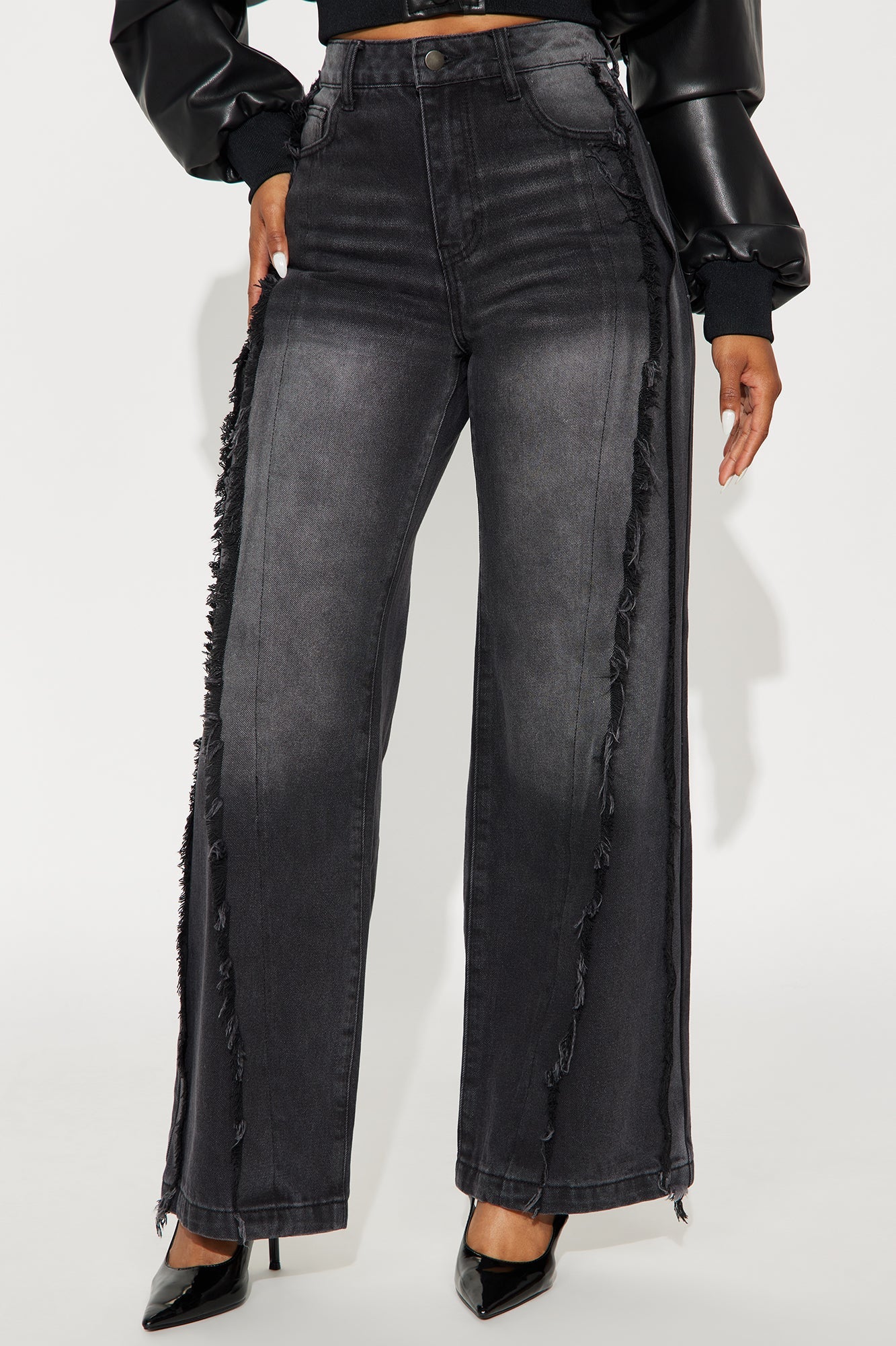 Stick Together Fray Seaming Wide Leg Jeans - Black Wash