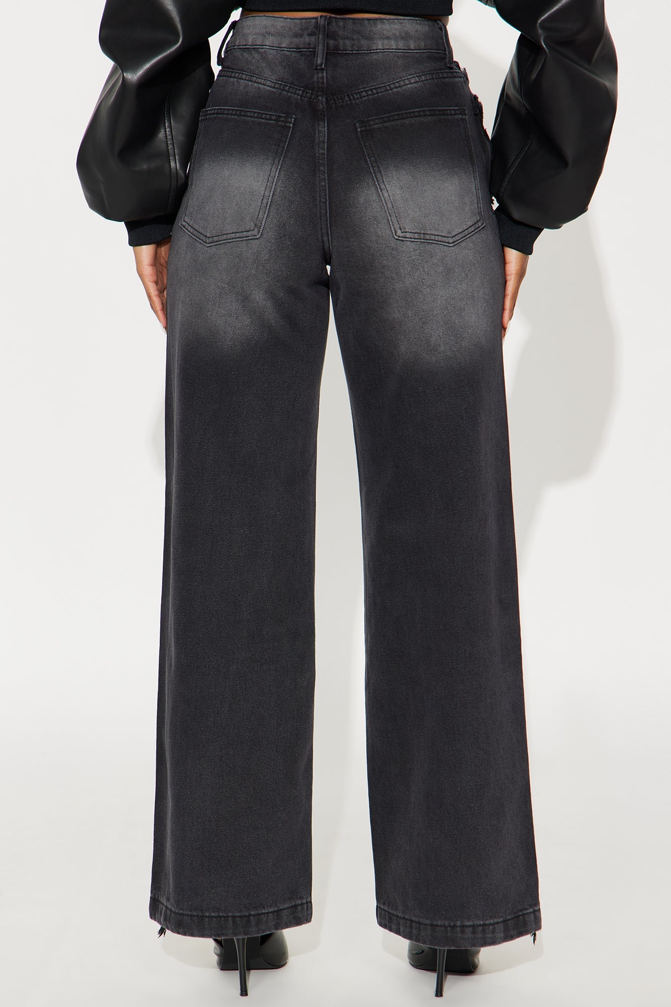 Stick Together Fray Seaming Wide Leg Jeans - Black Wash