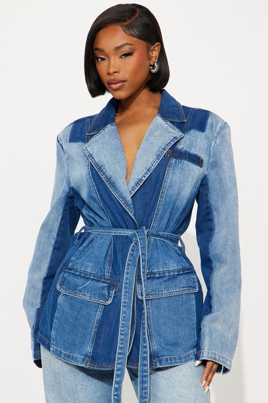 Sharp Contrast Denim Blazer - Medium Wash