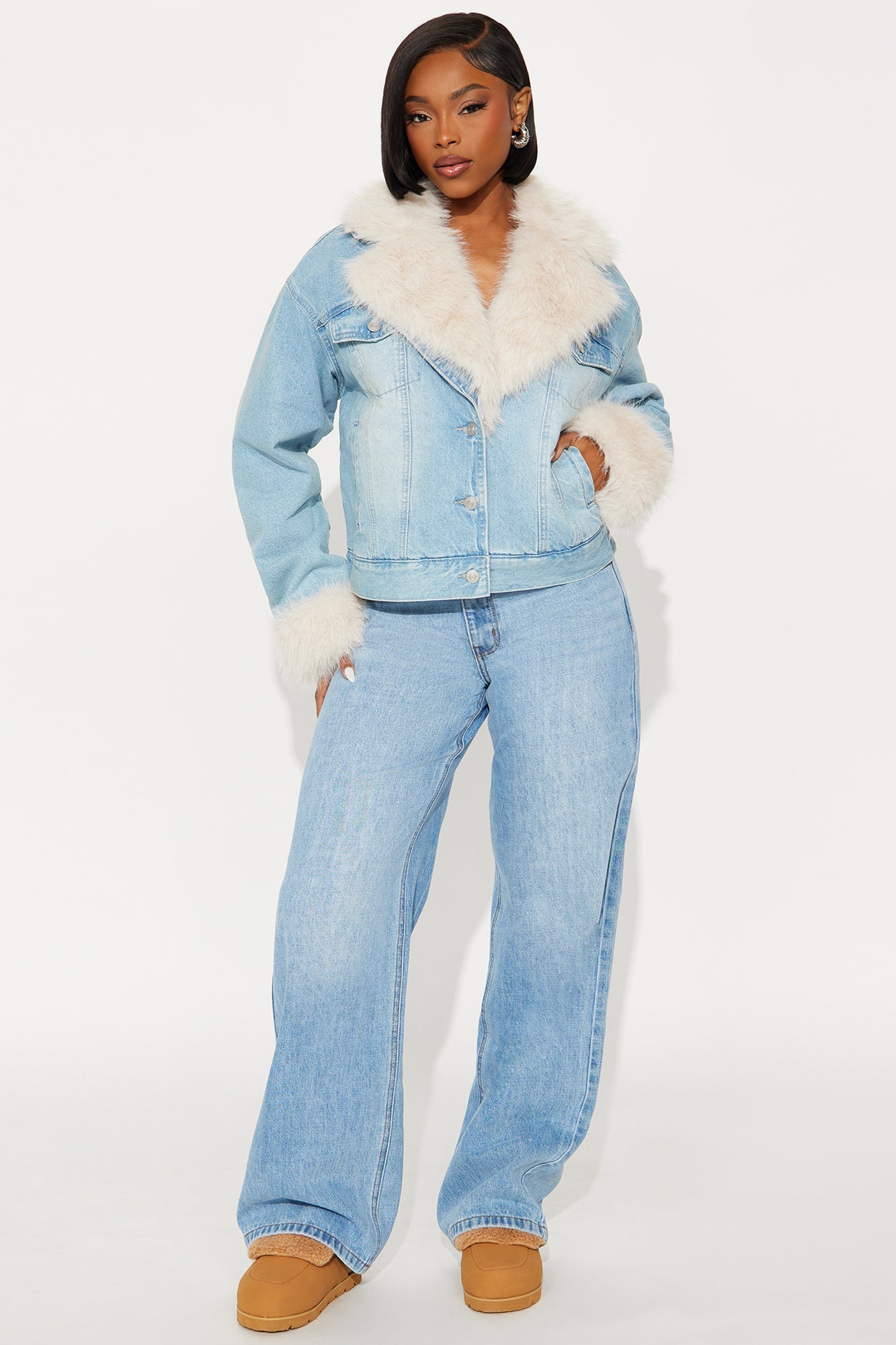 Touch Of Class Faux Fur Trim Denim Jacket - Light Wash