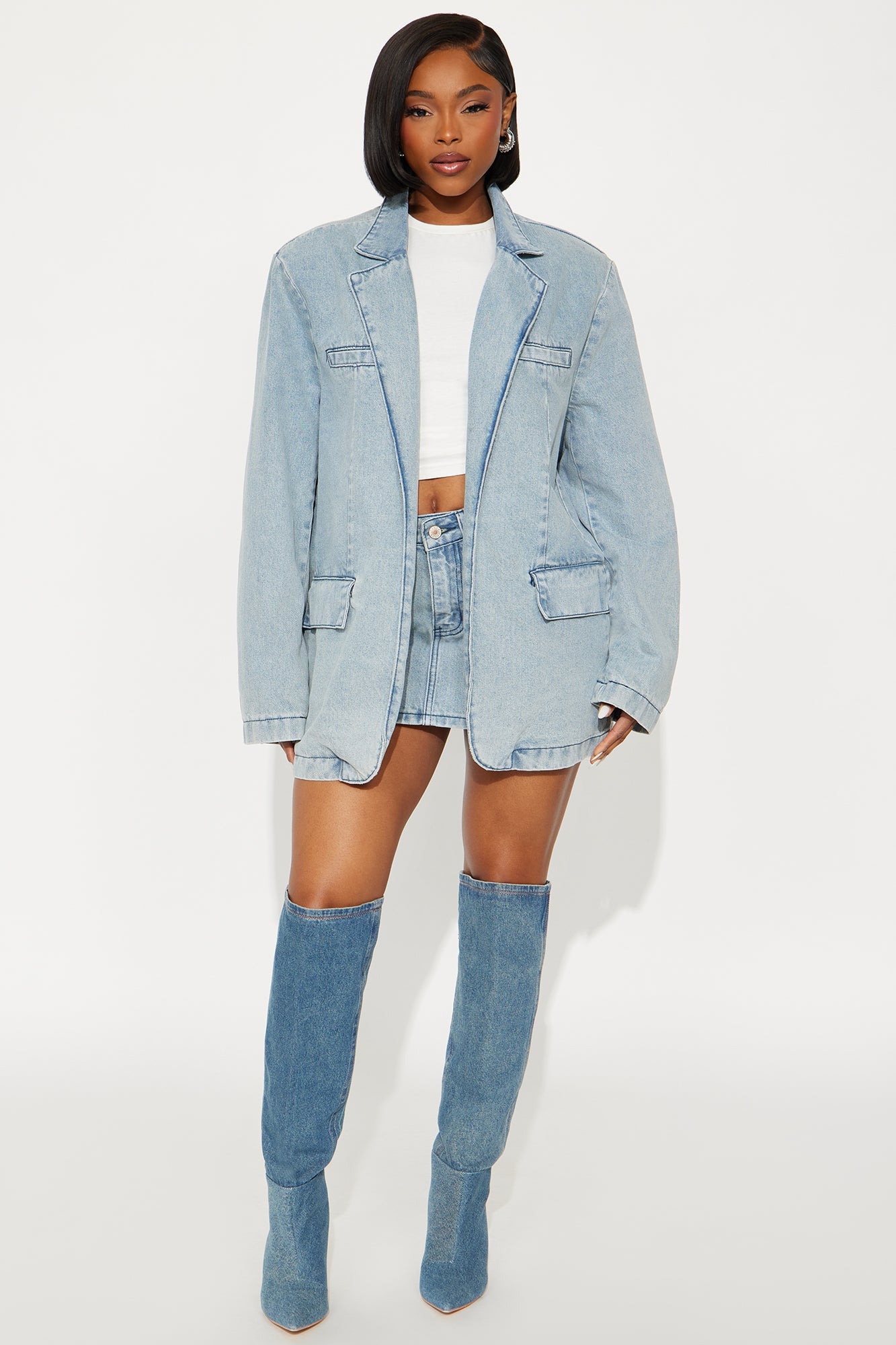 Fade Into You Washed Denim Blazer Skirt Set - Light Wash