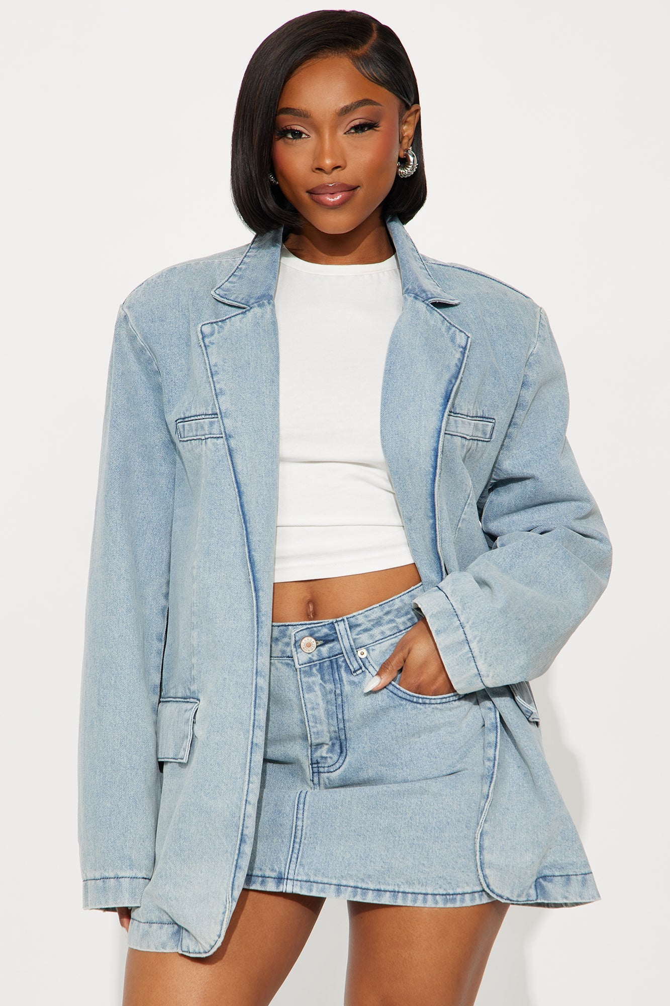 Fade Into You Washed Denim Blazer Skirt Set - Light Wash