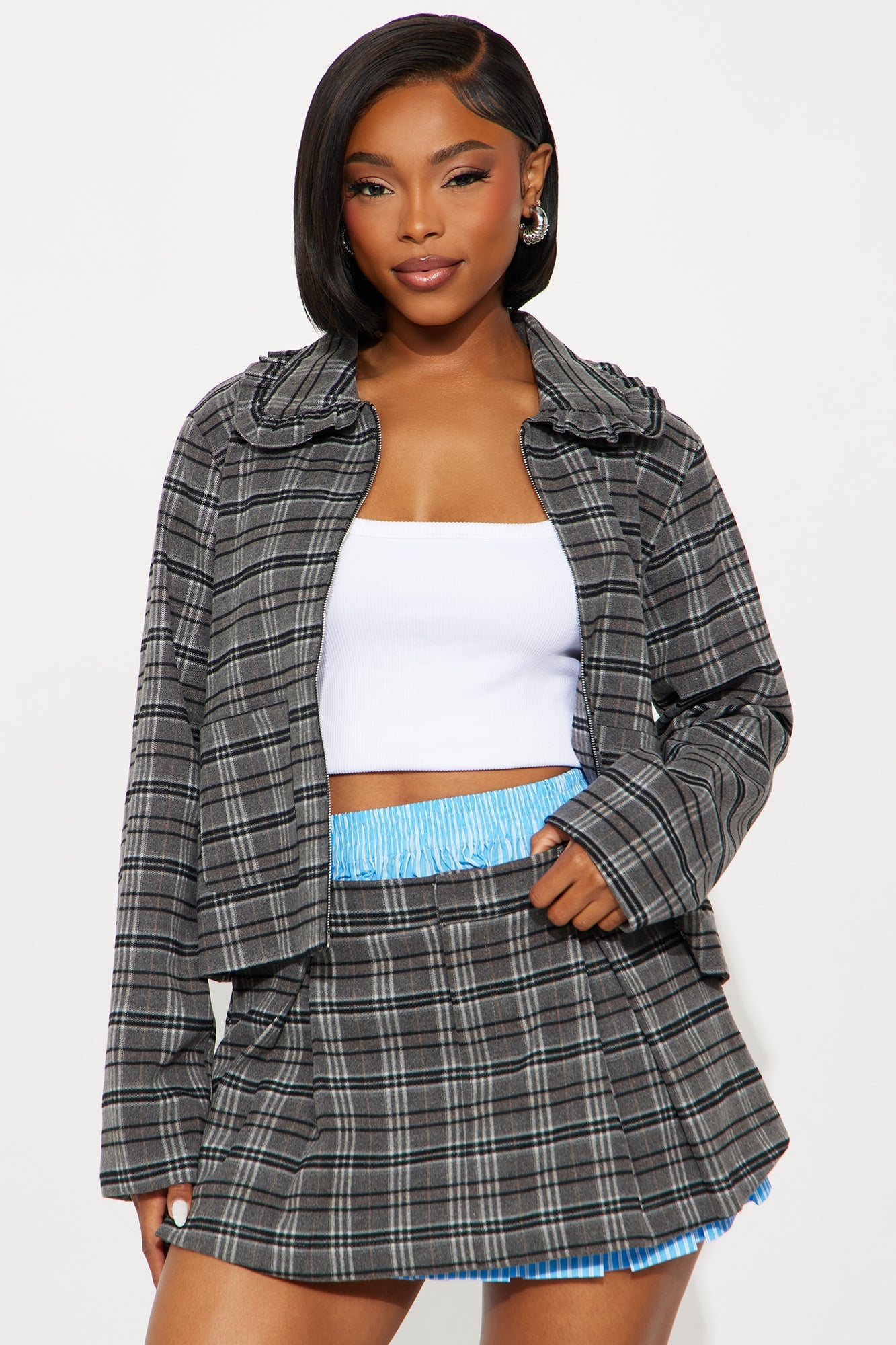 Elisha Plaid Mini Skirt Set - Grey