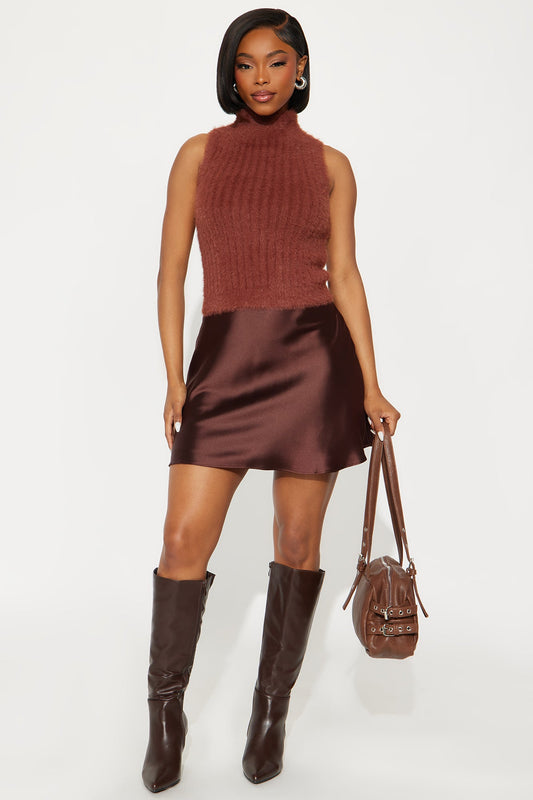 Seraphina Sweater Satin Mini Dress Set - Brown