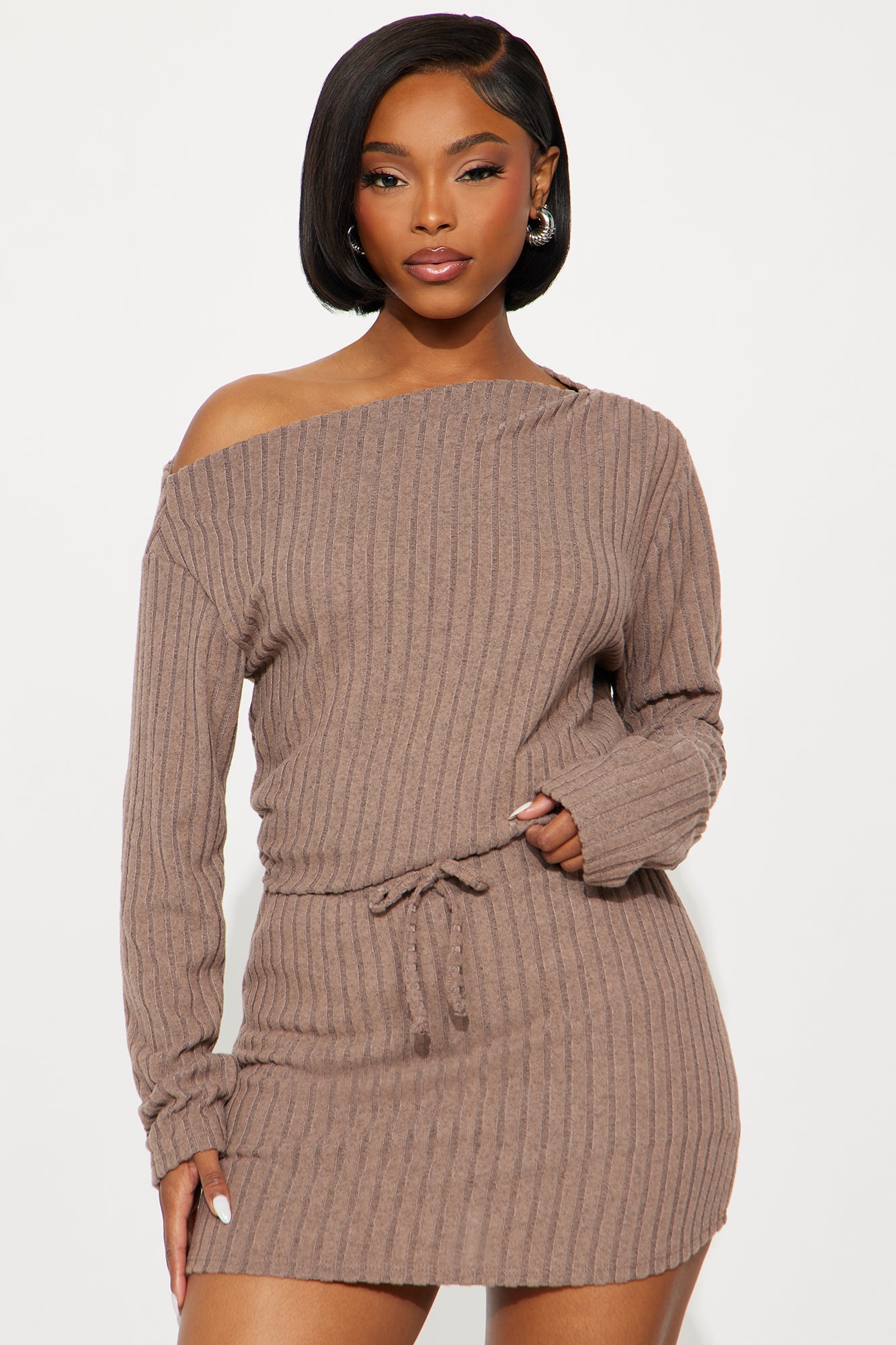 Claire Off Shoulder Sweater Mini Skirt Set - Taupe