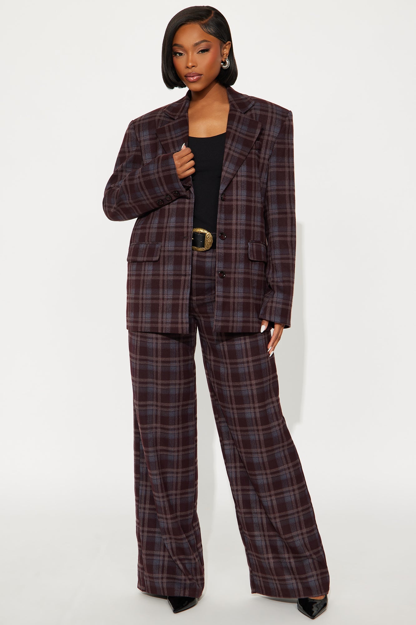 Fall Ready Plaid Blazer Belted Pant Set - Burgundy