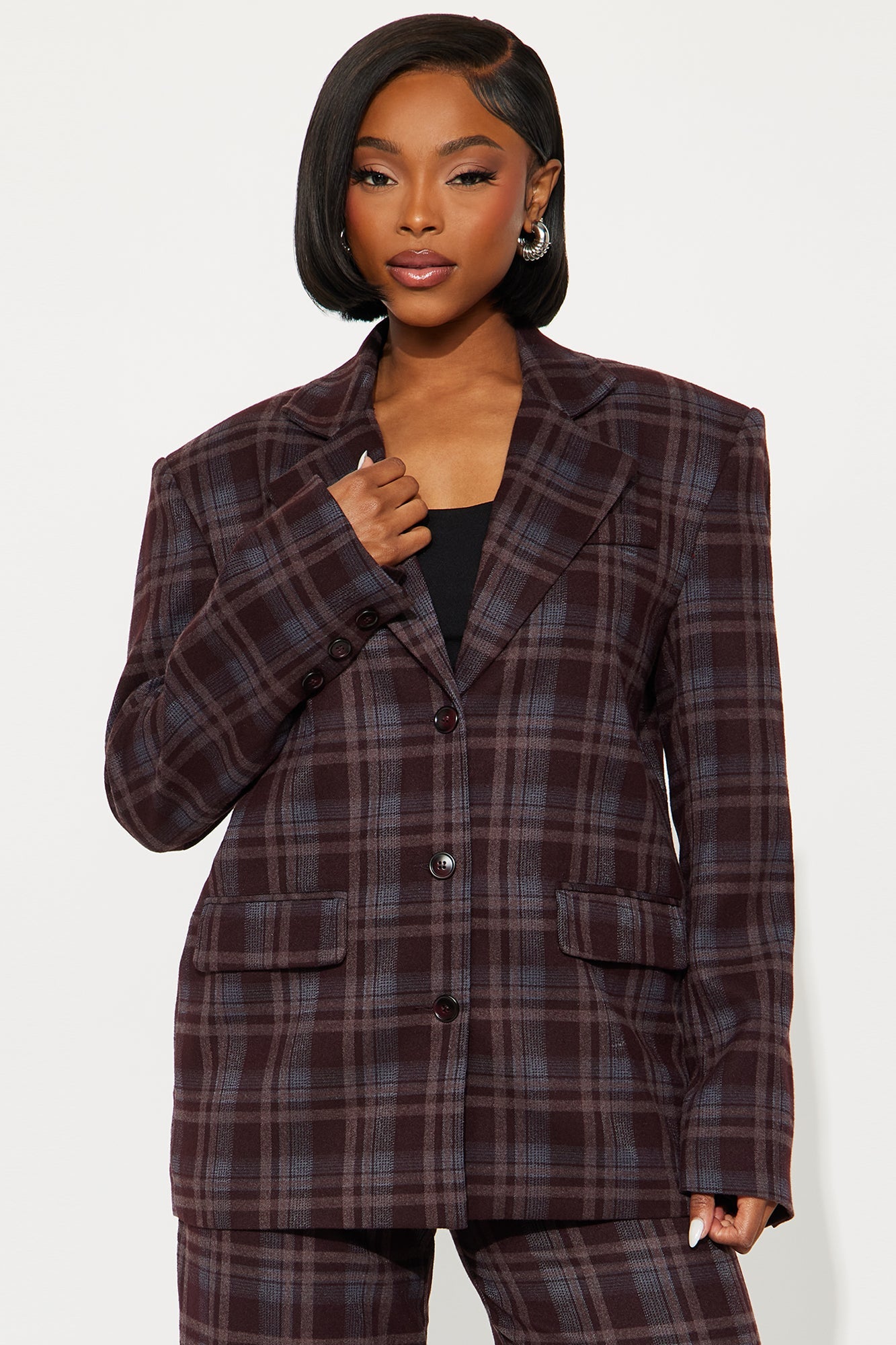 Fall Ready Plaid Blazer Belted Pant Set - Burgundy