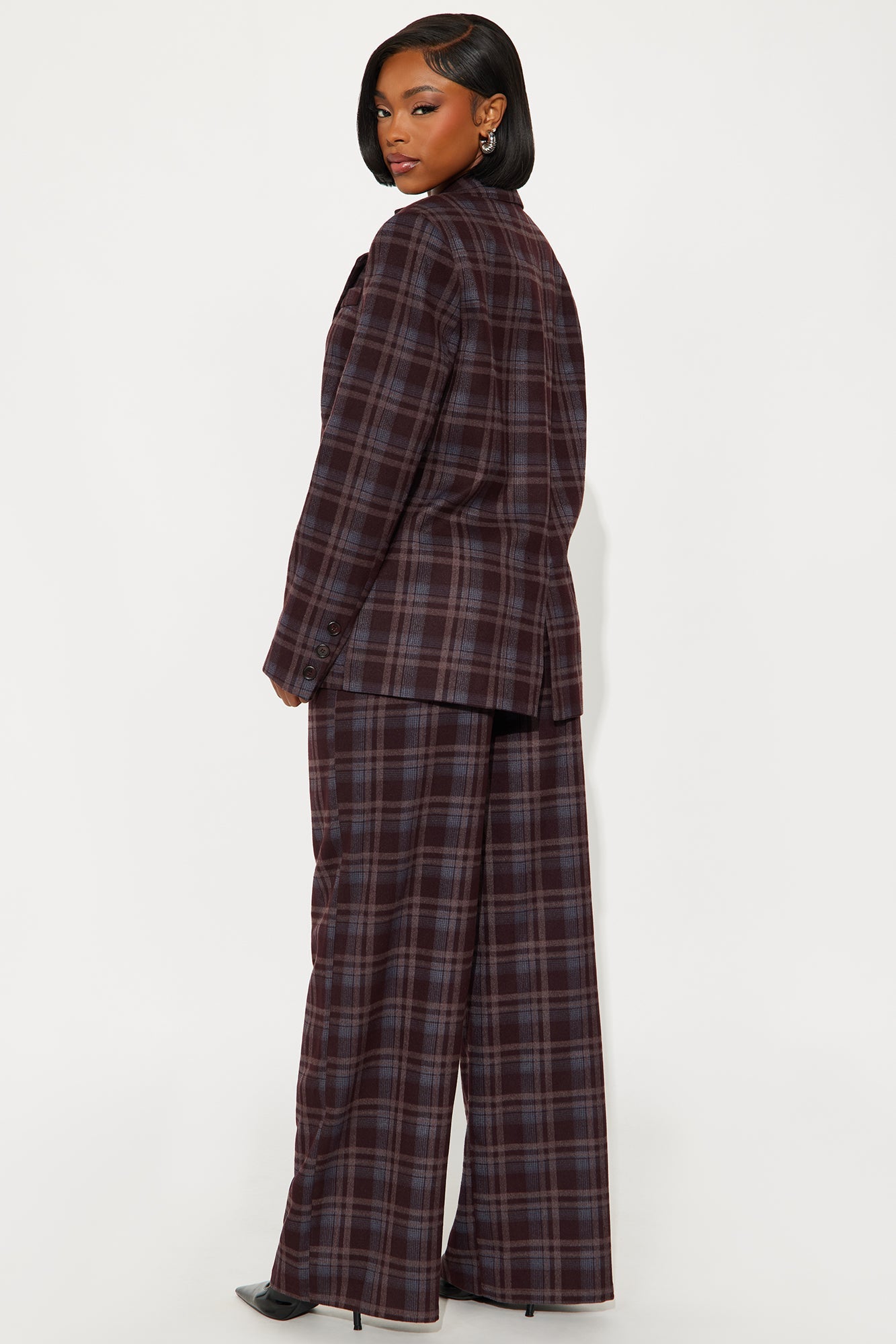 Fall Ready Plaid Blazer Belted Pant Set - Burgundy