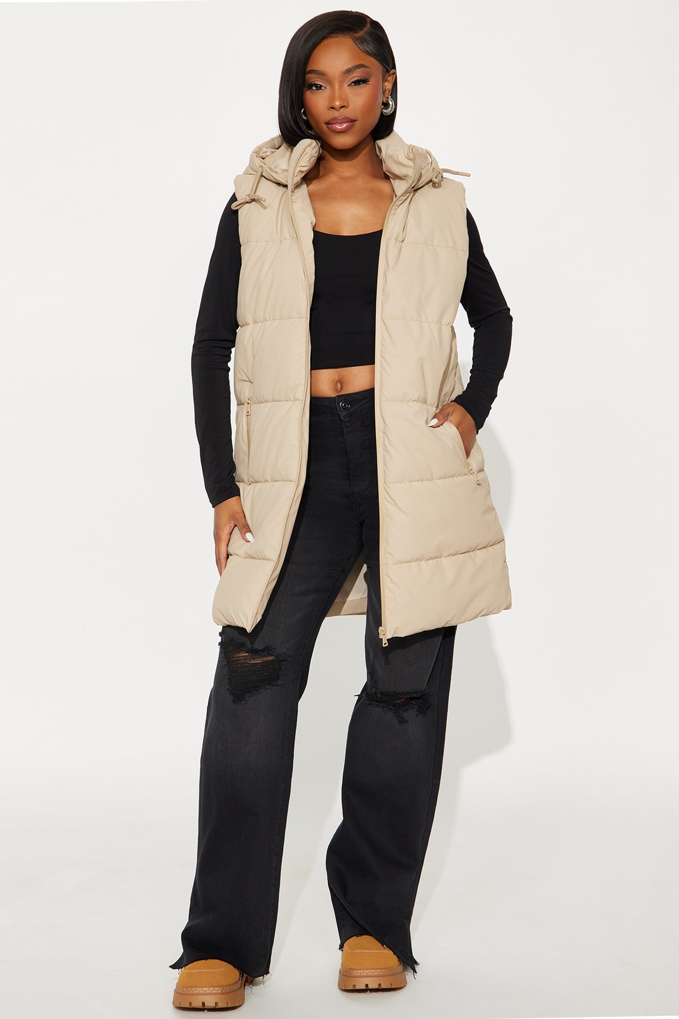 Warm Embrace Hooded Puffer Vest - Khaki