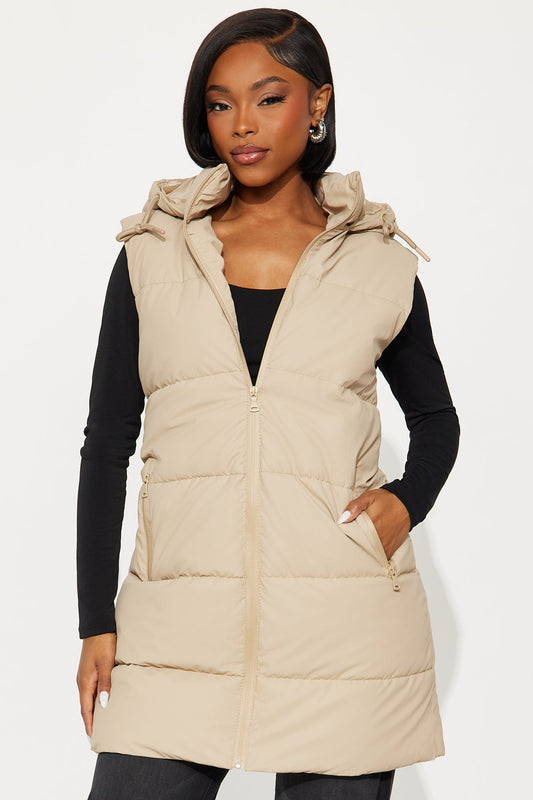Warm Embrace Hooded Puffer Vest - Khaki