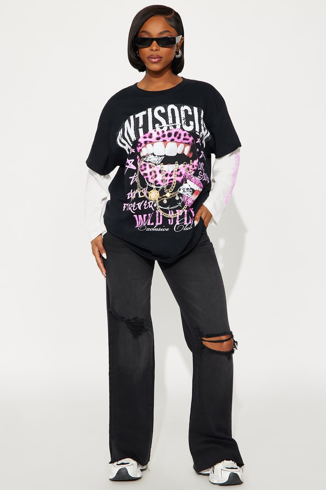 Antisocial Lips Long Sleeve Thermal 2Fer Tee - Black