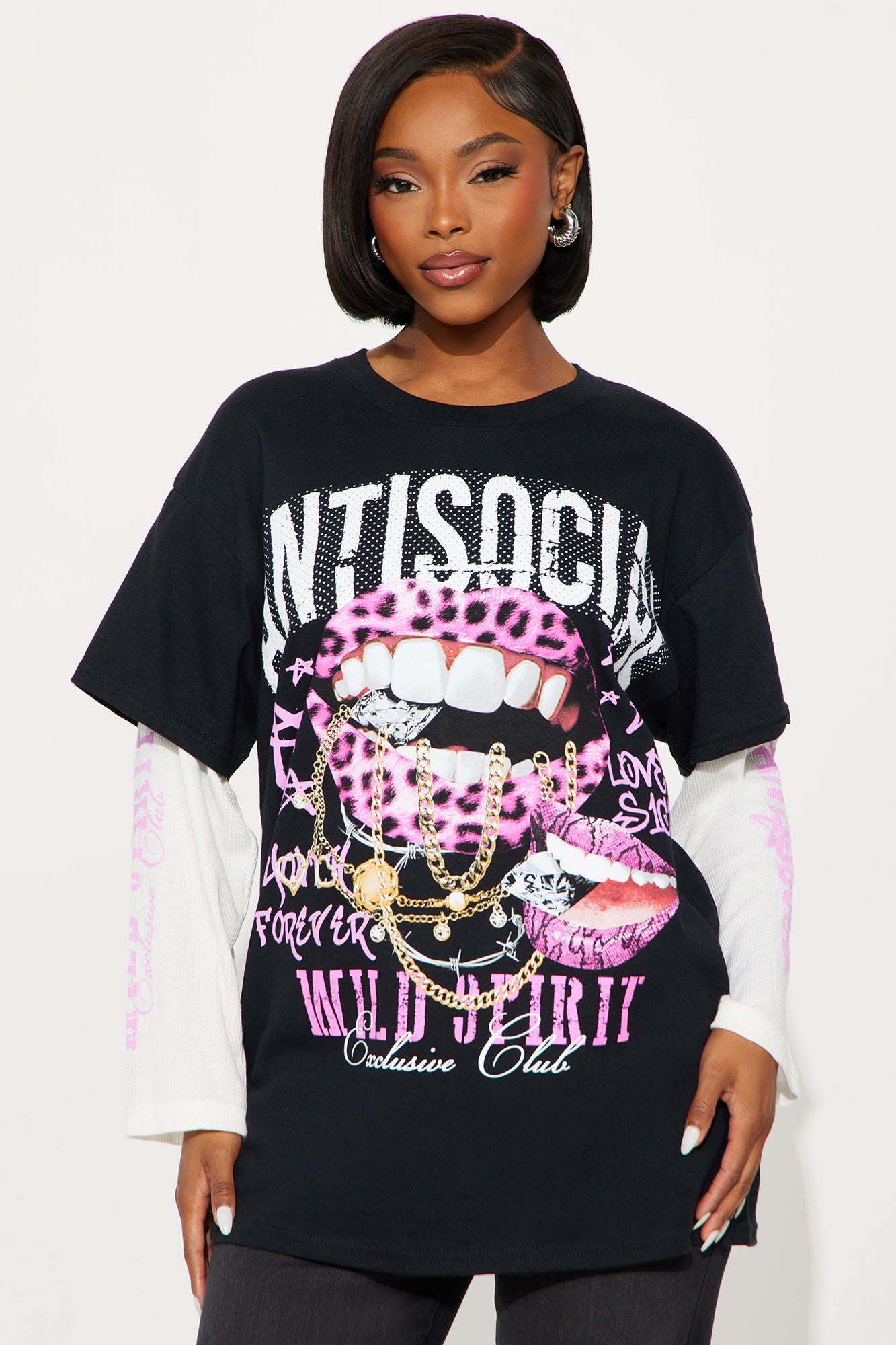 Antisocial Lips Long Sleeve Thermal 2Fer Tee - Black