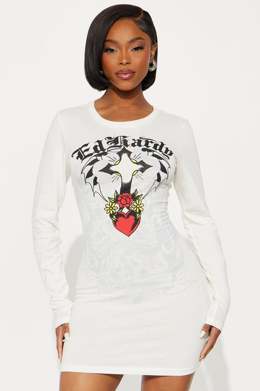 Ed Hardy Cross Heart Long Sleeve Mini Dress - Ivory