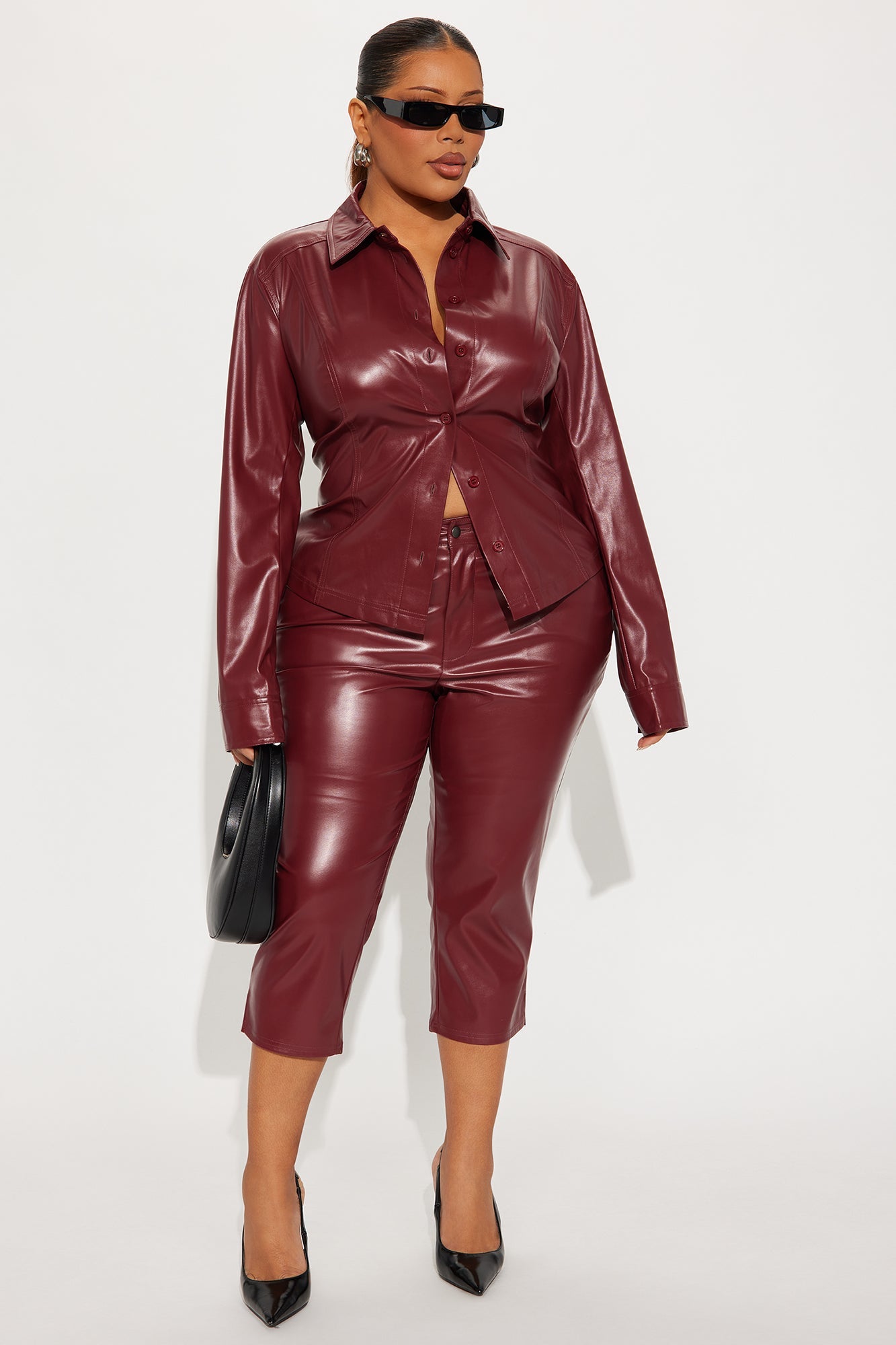 Yara Faux Leather Capri Pant Set - Burgundy