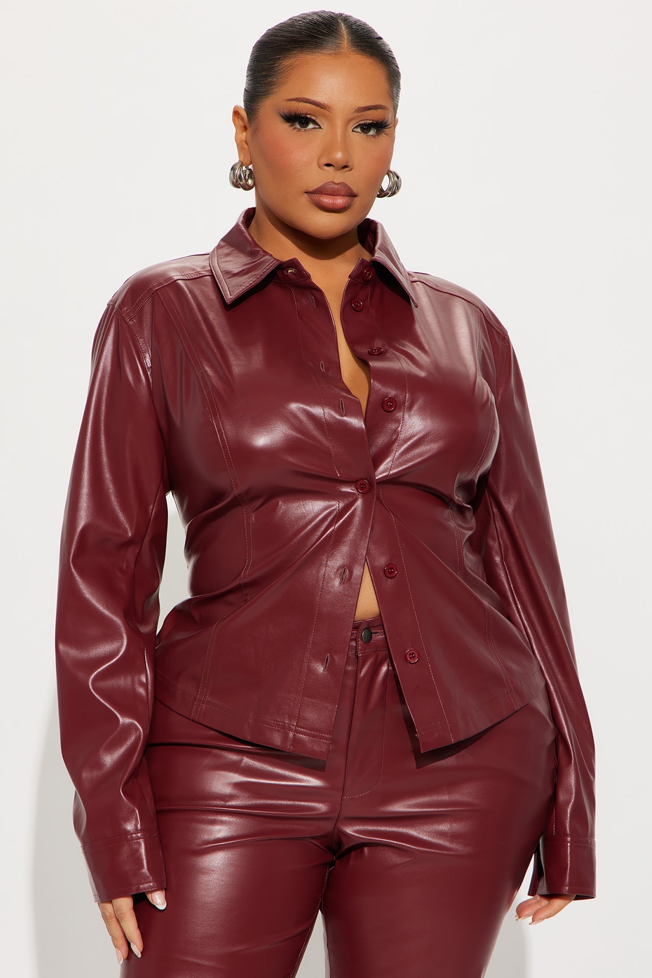 Yara Faux Leather Capri Pant Set - Burgundy