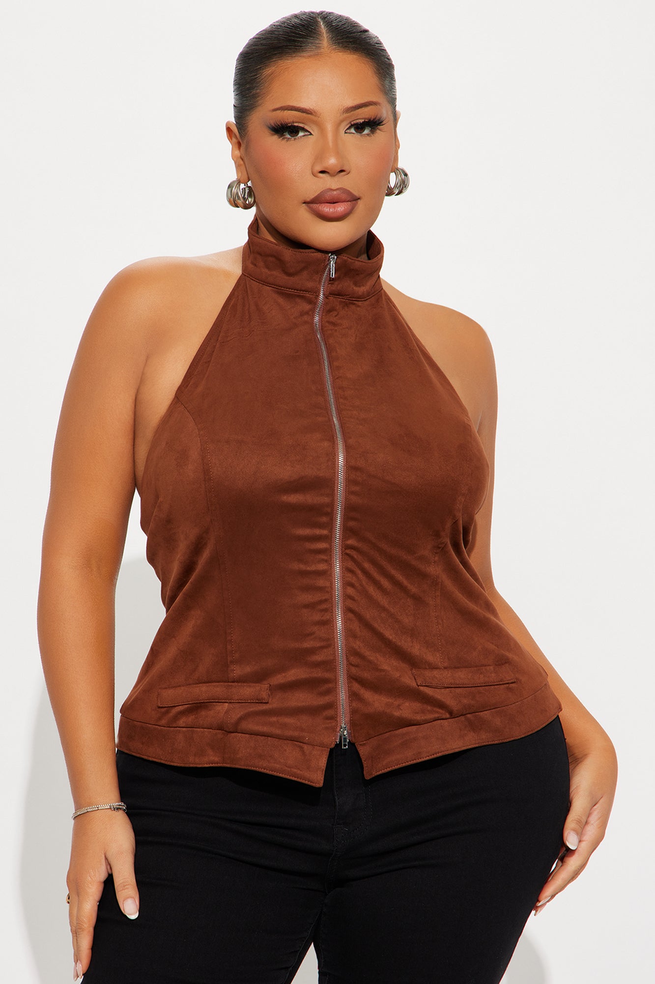 Caroline Mock Neck Faux Suede Top - Brown