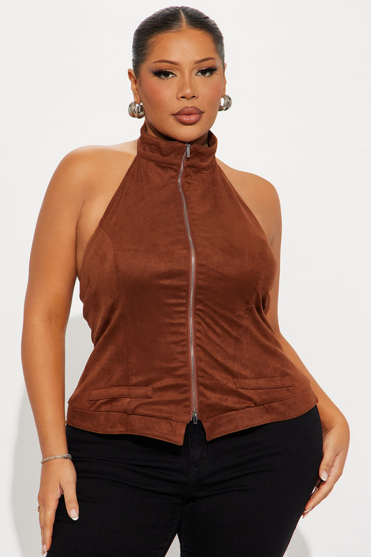 Caroline Mock Neck Faux Suede Top - Brown