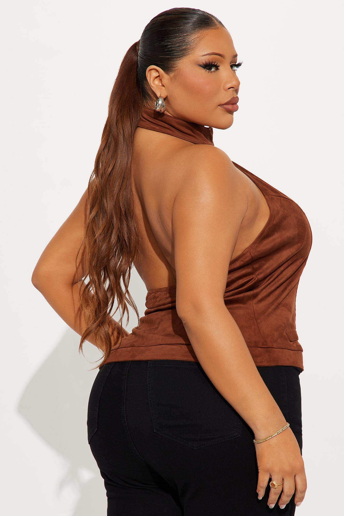 Caroline Mock Neck Faux Suede Top - Brown