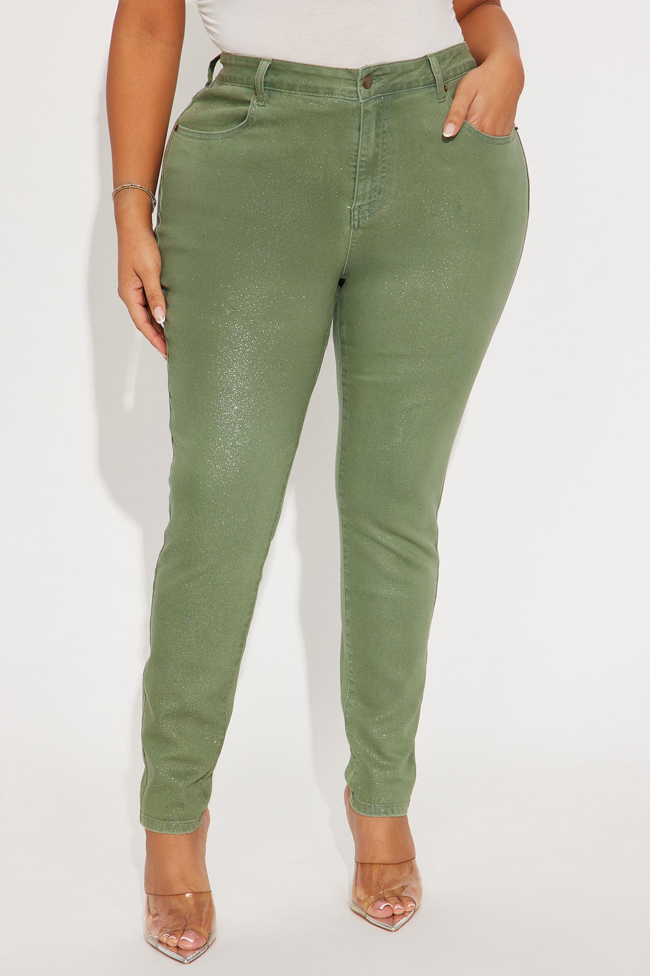 Glorious Glitter Foil Skinny Jean - Olive