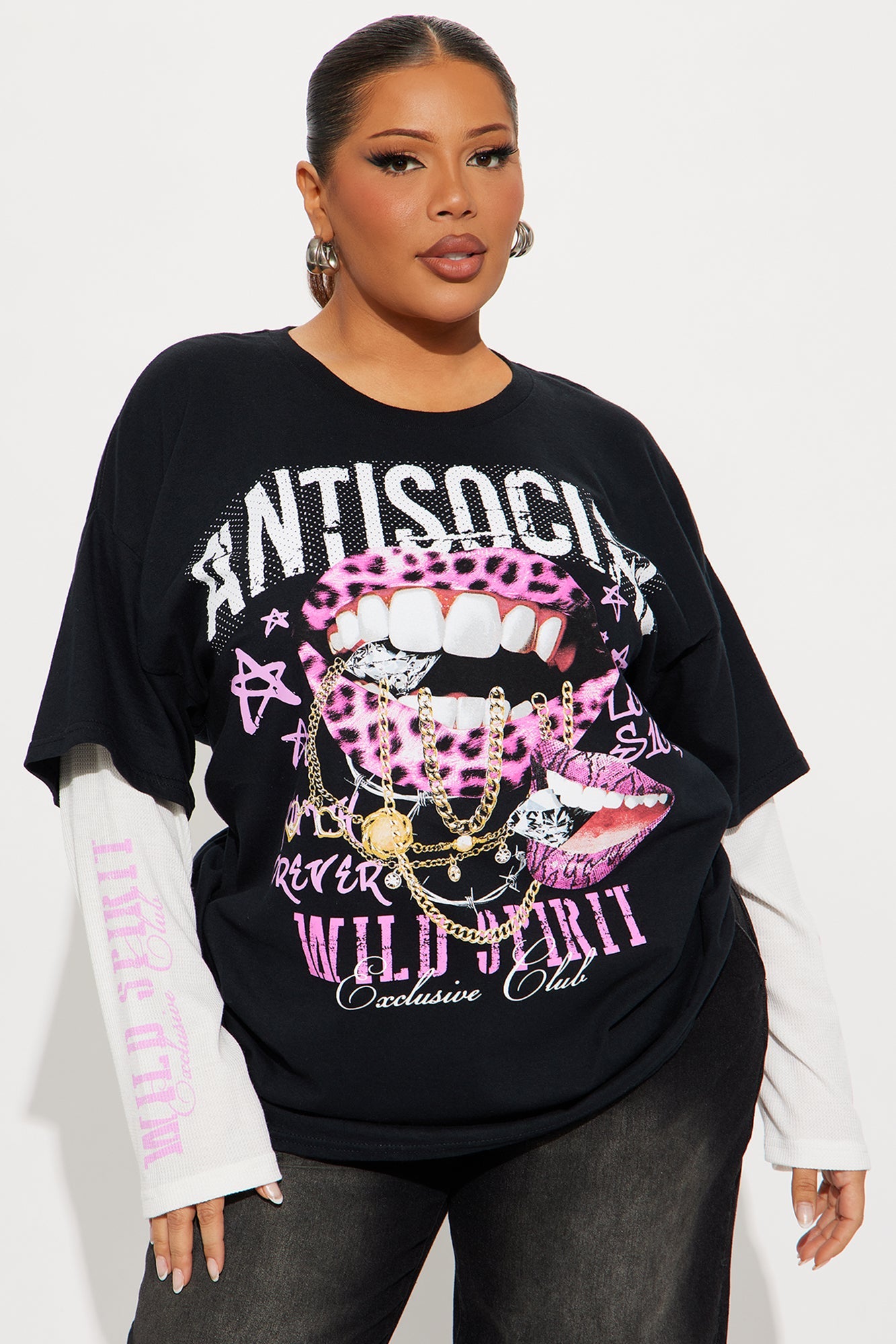 Antisocial Lips Long Sleeve Thermal 2Fer Tee - Black