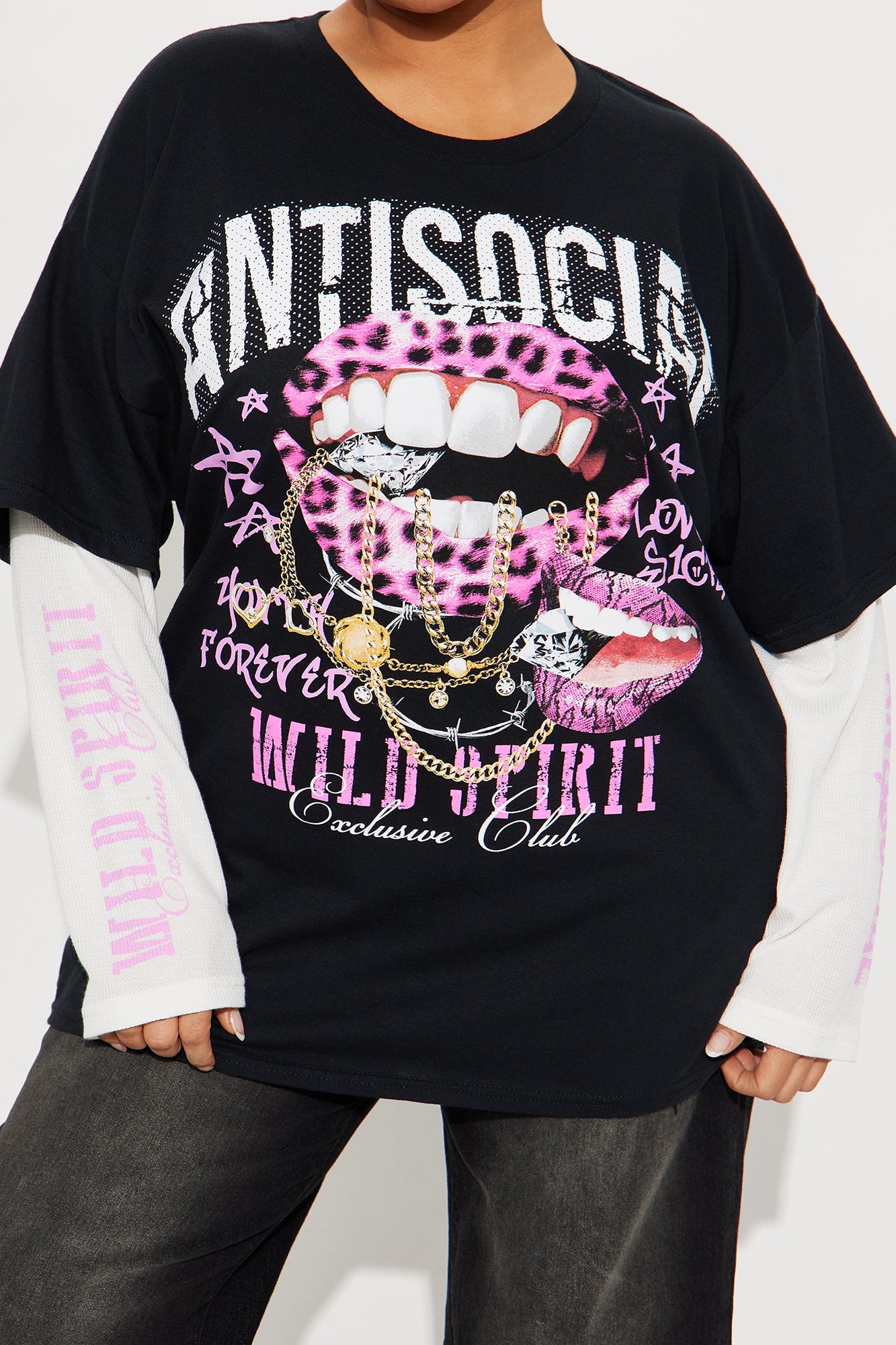 Antisocial Lips Long Sleeve Thermal 2Fer Tee - Black