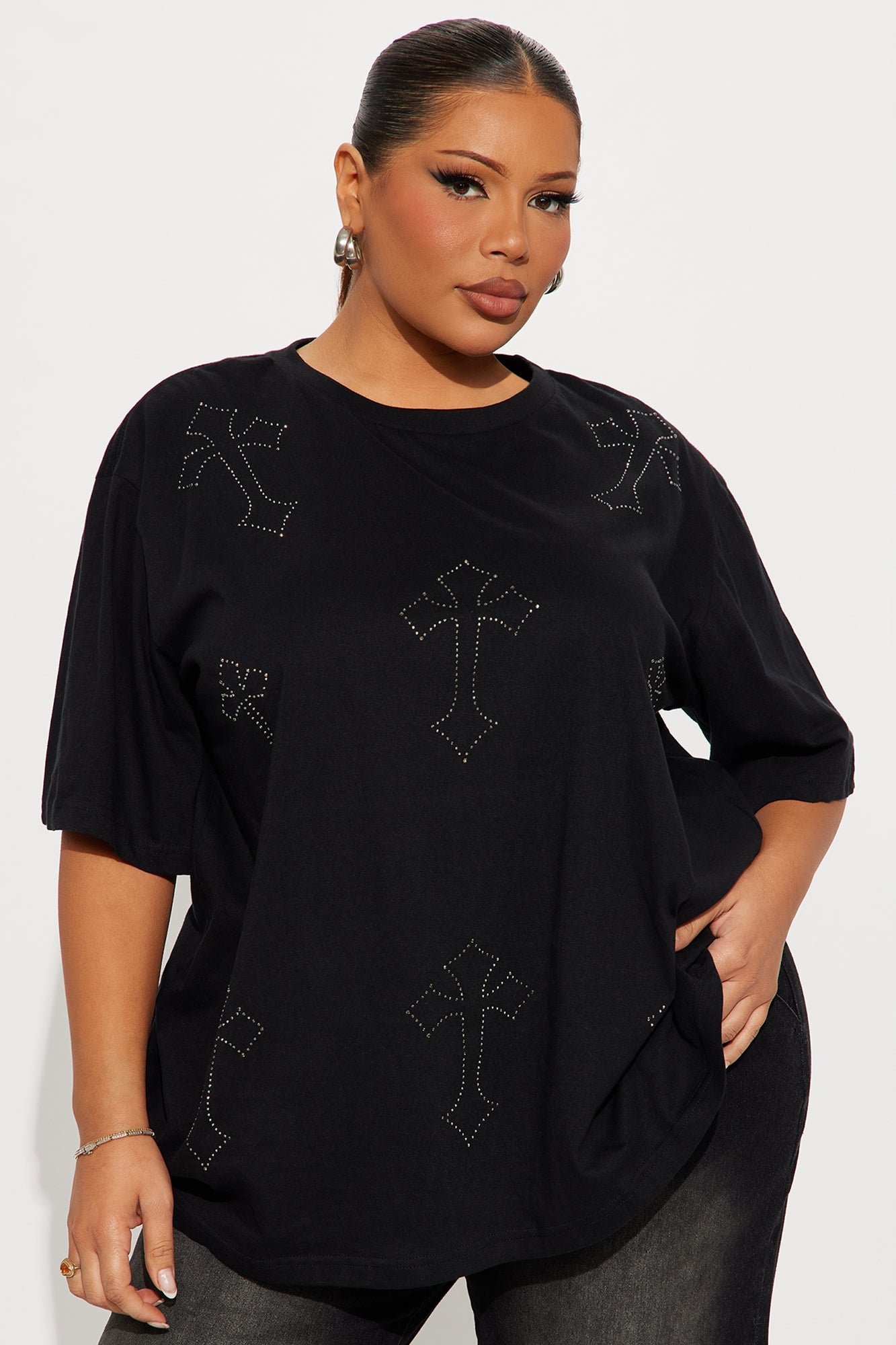 Cross Rhinestone Tee - Black
