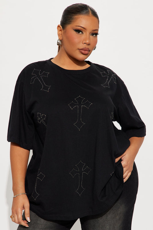 Cross Rhinestone Tee - Black
