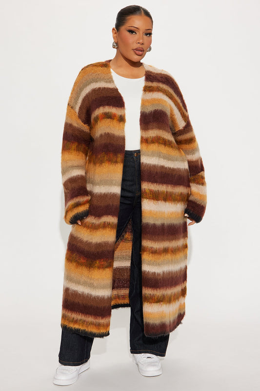 Loveliness Colorblock Fuzzy Long Cardigan - Brown Combo