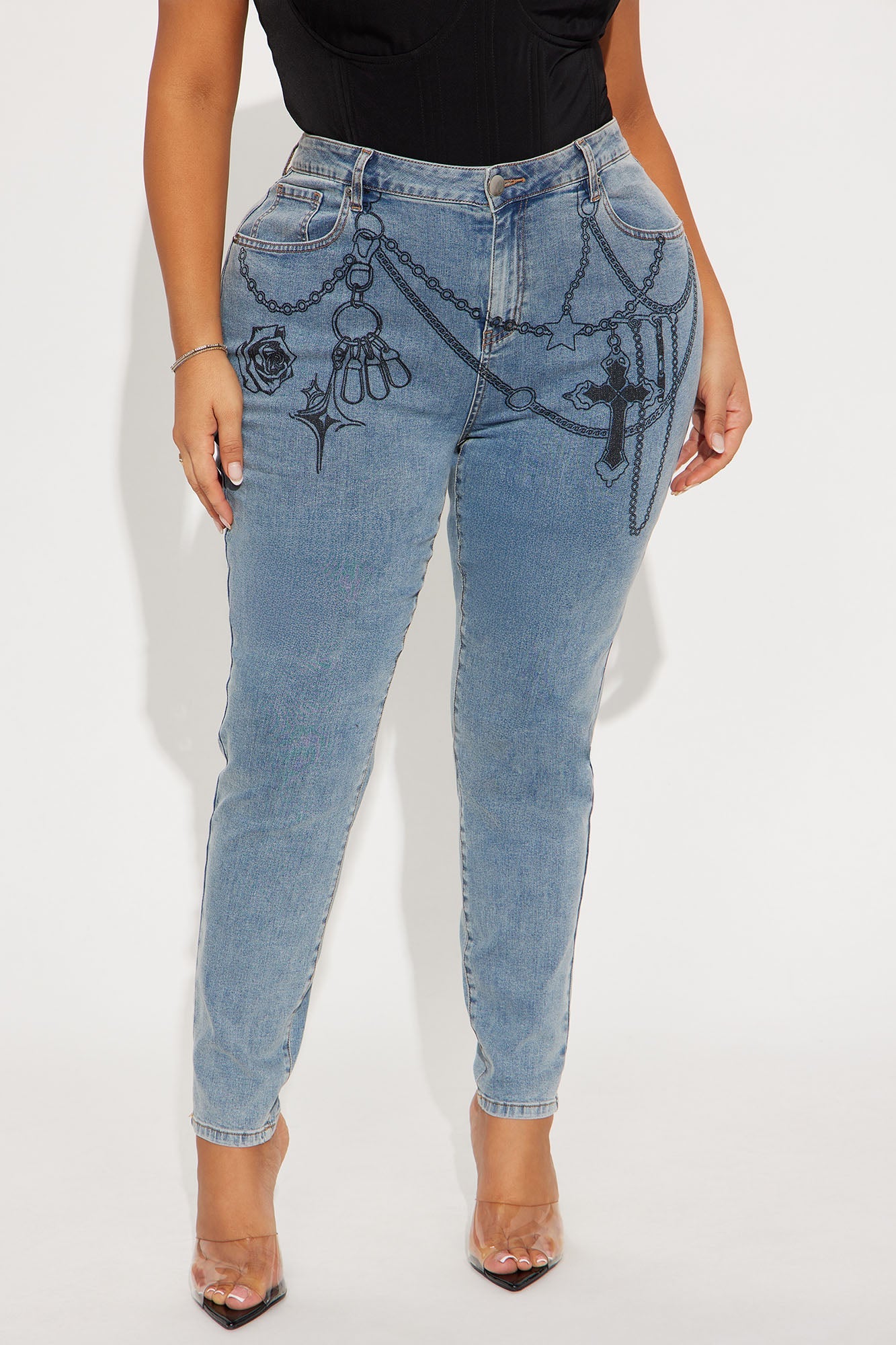Chained To You Printed Skinny Jeans - Medium Wash