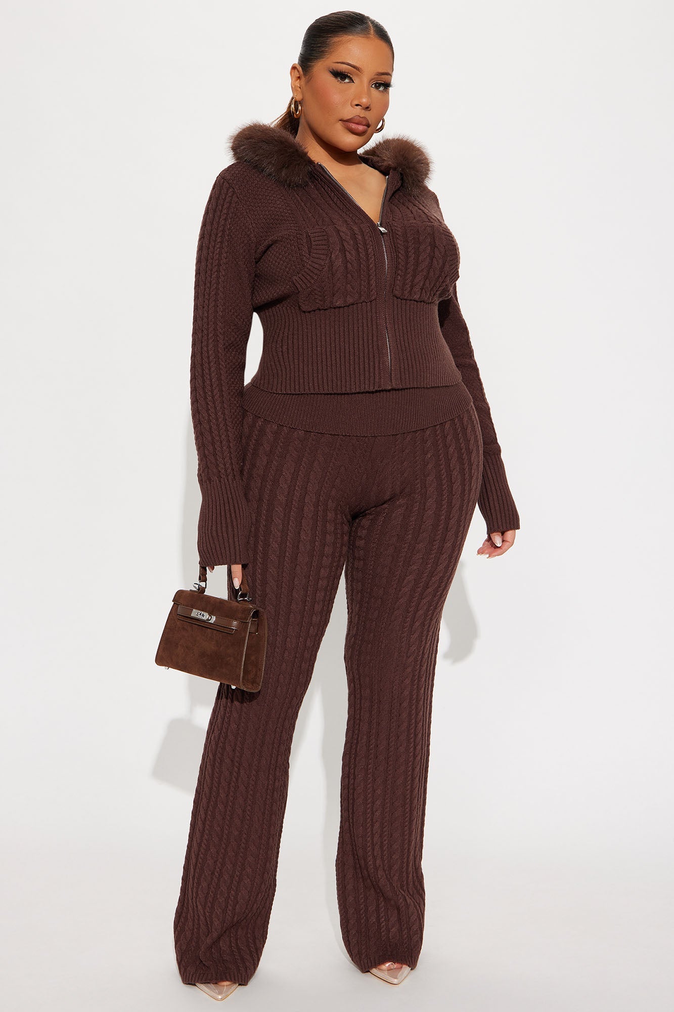 Sophia Faux Fur Sweater Pant Set - Chocolate