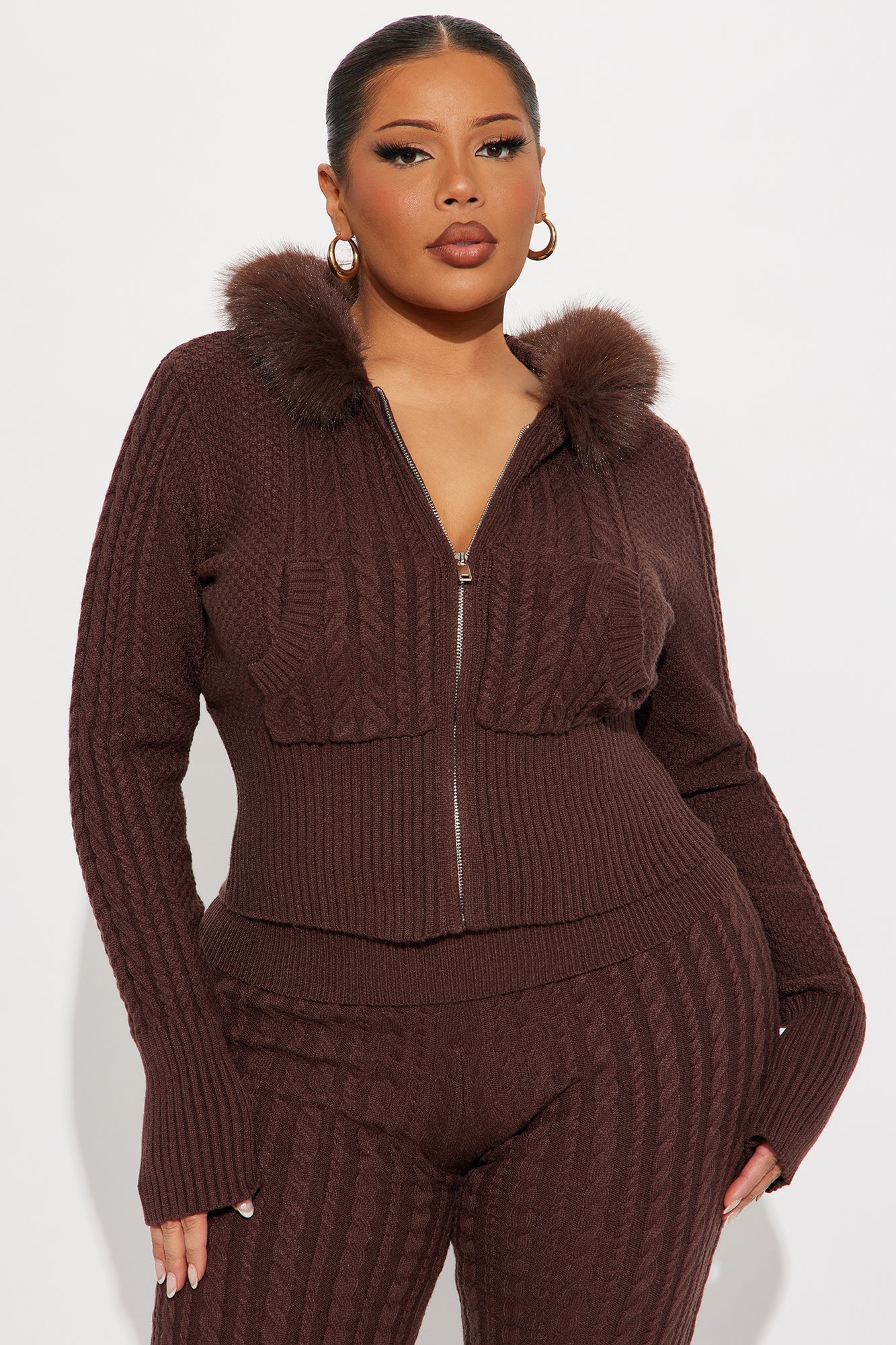 Sophia Faux Fur Sweater Pant Set - Chocolate