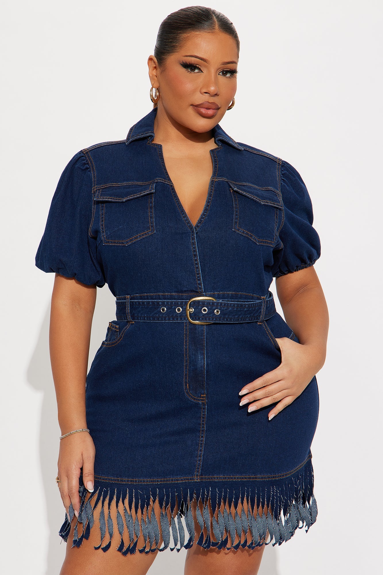 Leah Fringe Denim Mini Dress - Dark Denim