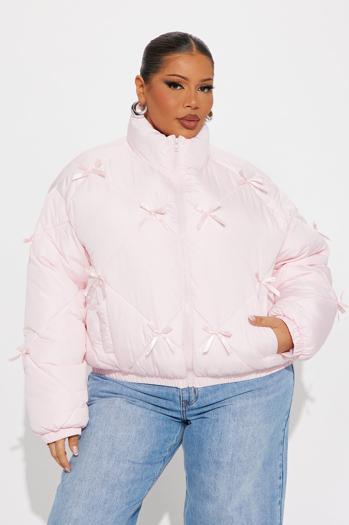 Cuteness Overload Bow Nylon Puffer Jacket - Pink