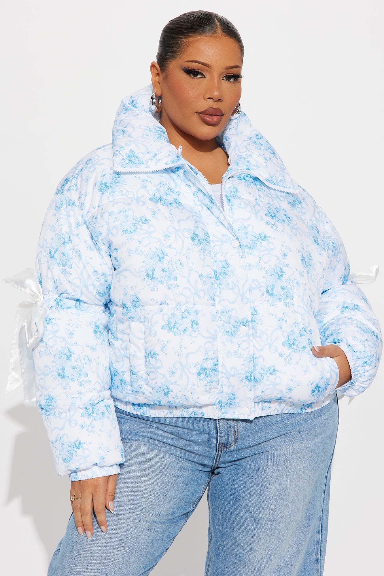 Coquette Touch Floral Puffer Jacket - White/combo