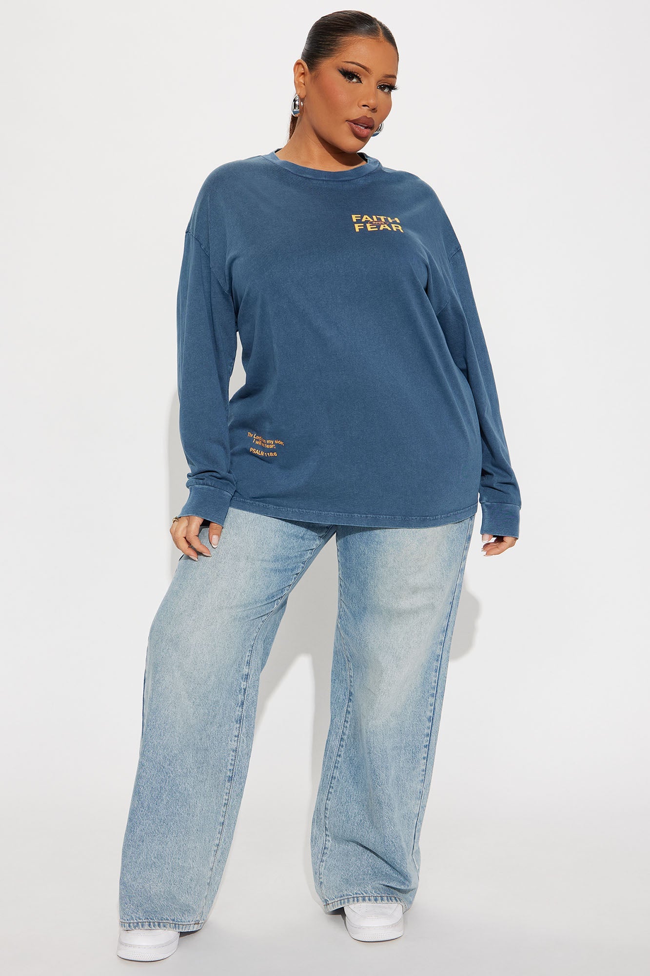Faith Over Fear Oversize Long Sleeve Tee - Slate Blue