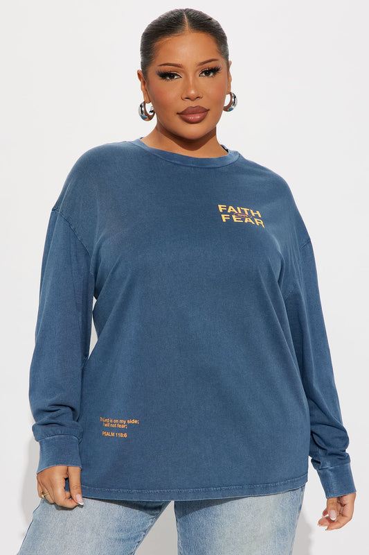 Faith Over Fear Oversize Long Sleeve Tee - Slate Blue