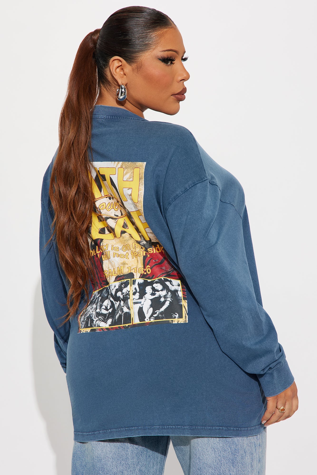 Faith Over Fear Oversize Long Sleeve Tee - Slate Blue