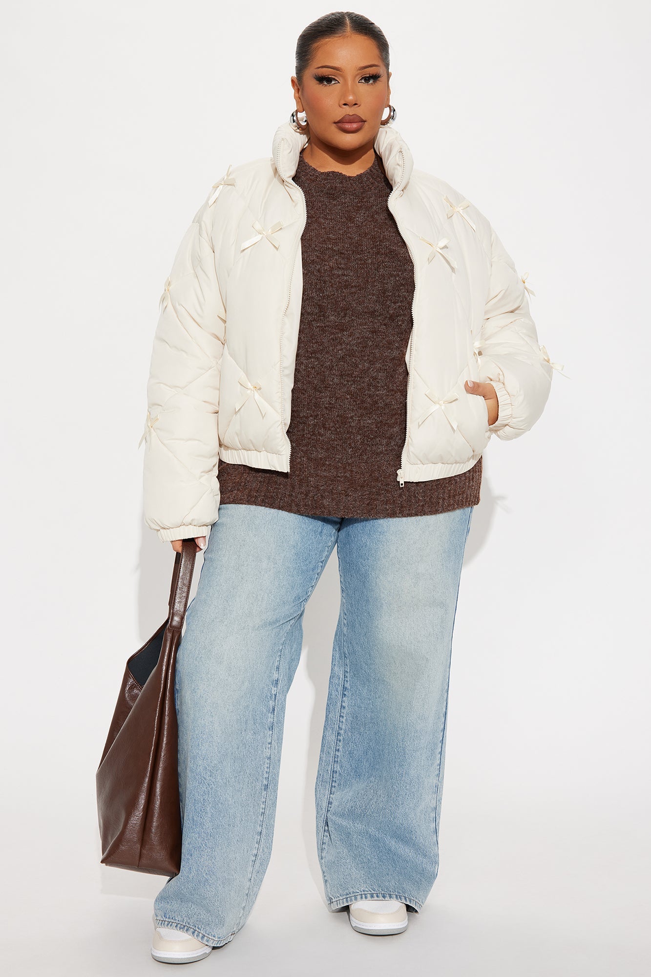 Cuteness Overload Bow Nylon Puffer Jacket - Cream