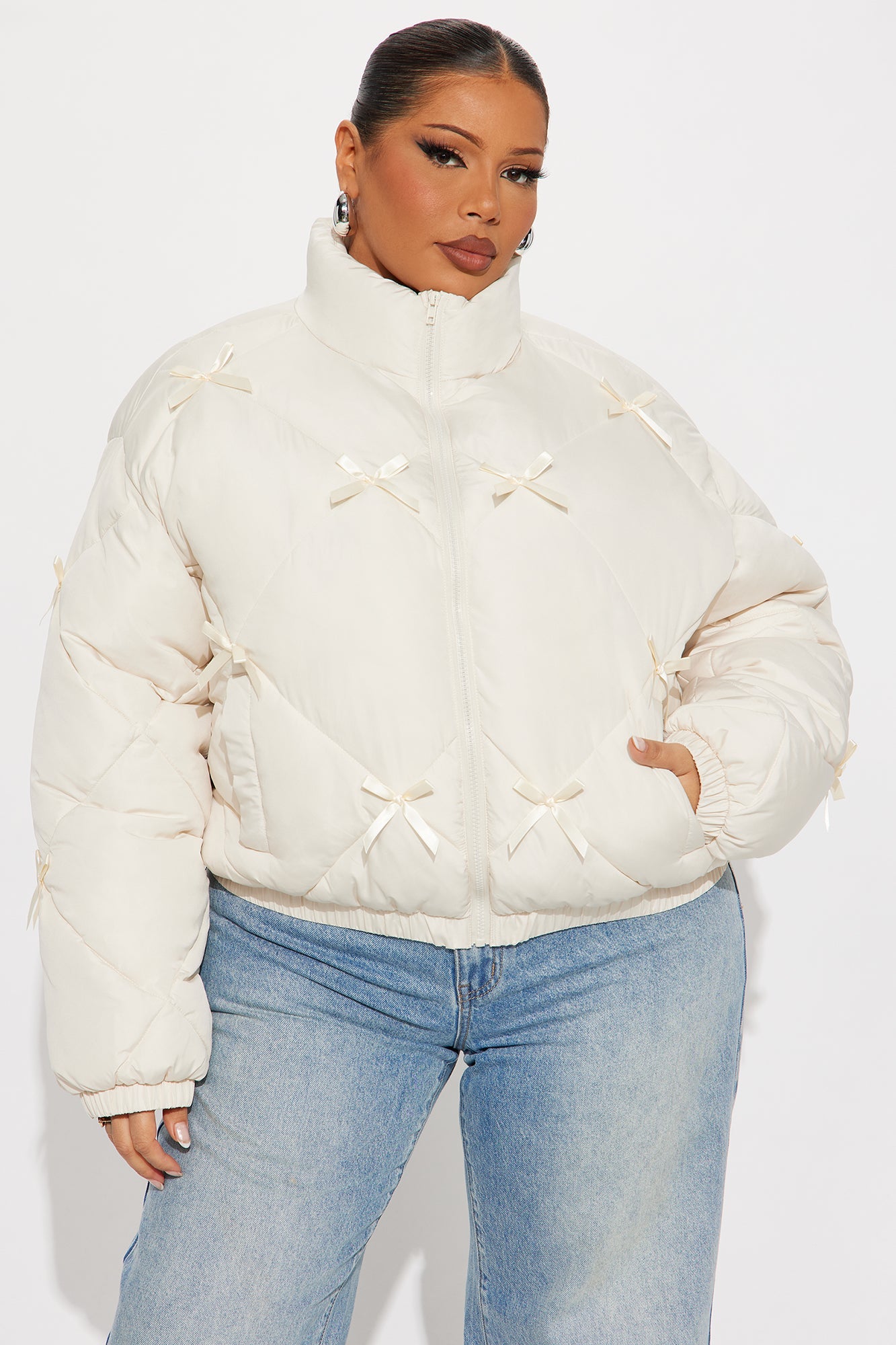 Cuteness Overload Bow Nylon Puffer Jacket - Cream