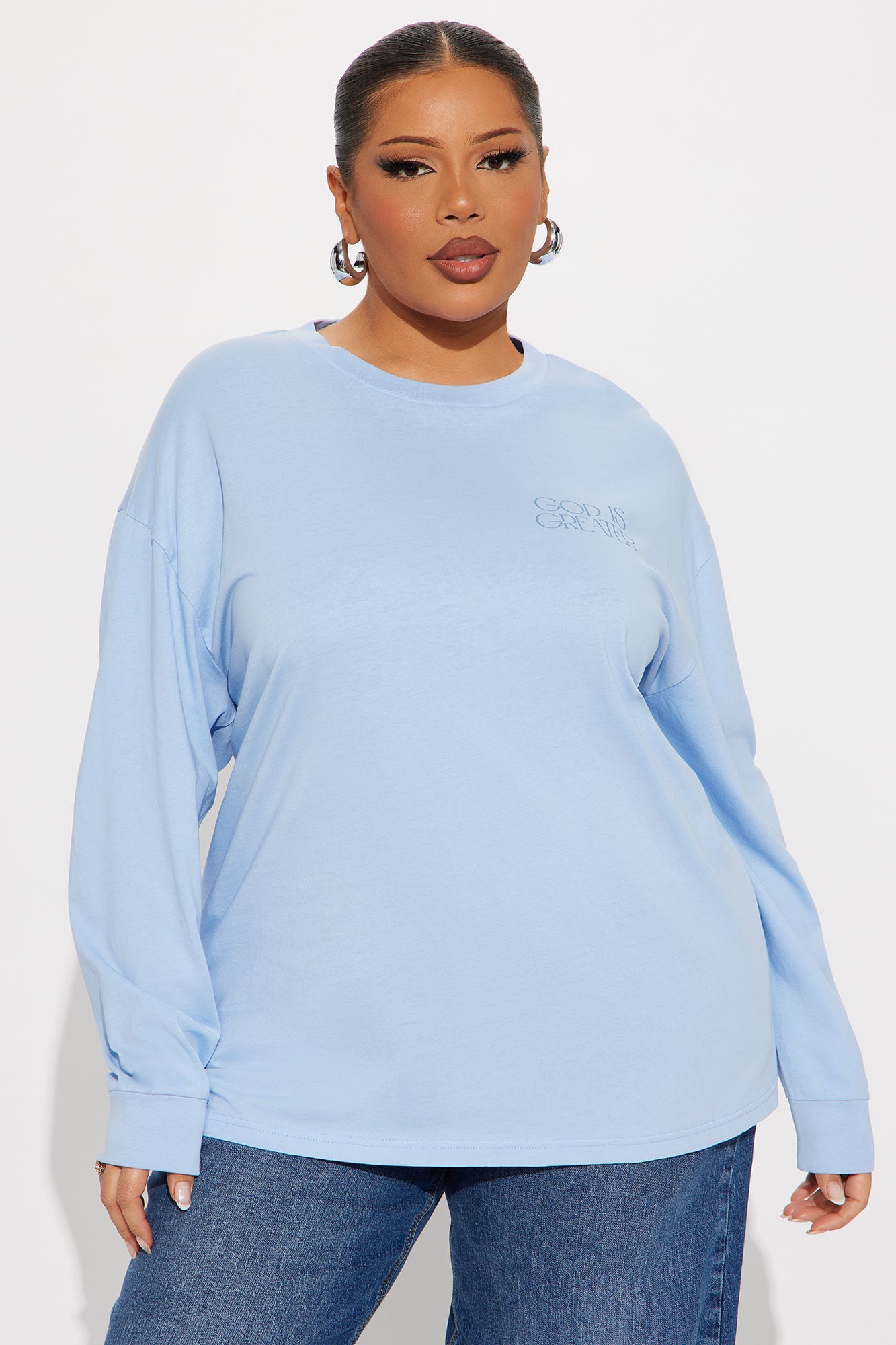 God Is Greater Oversize Long Sleeve Tee - Light Blue