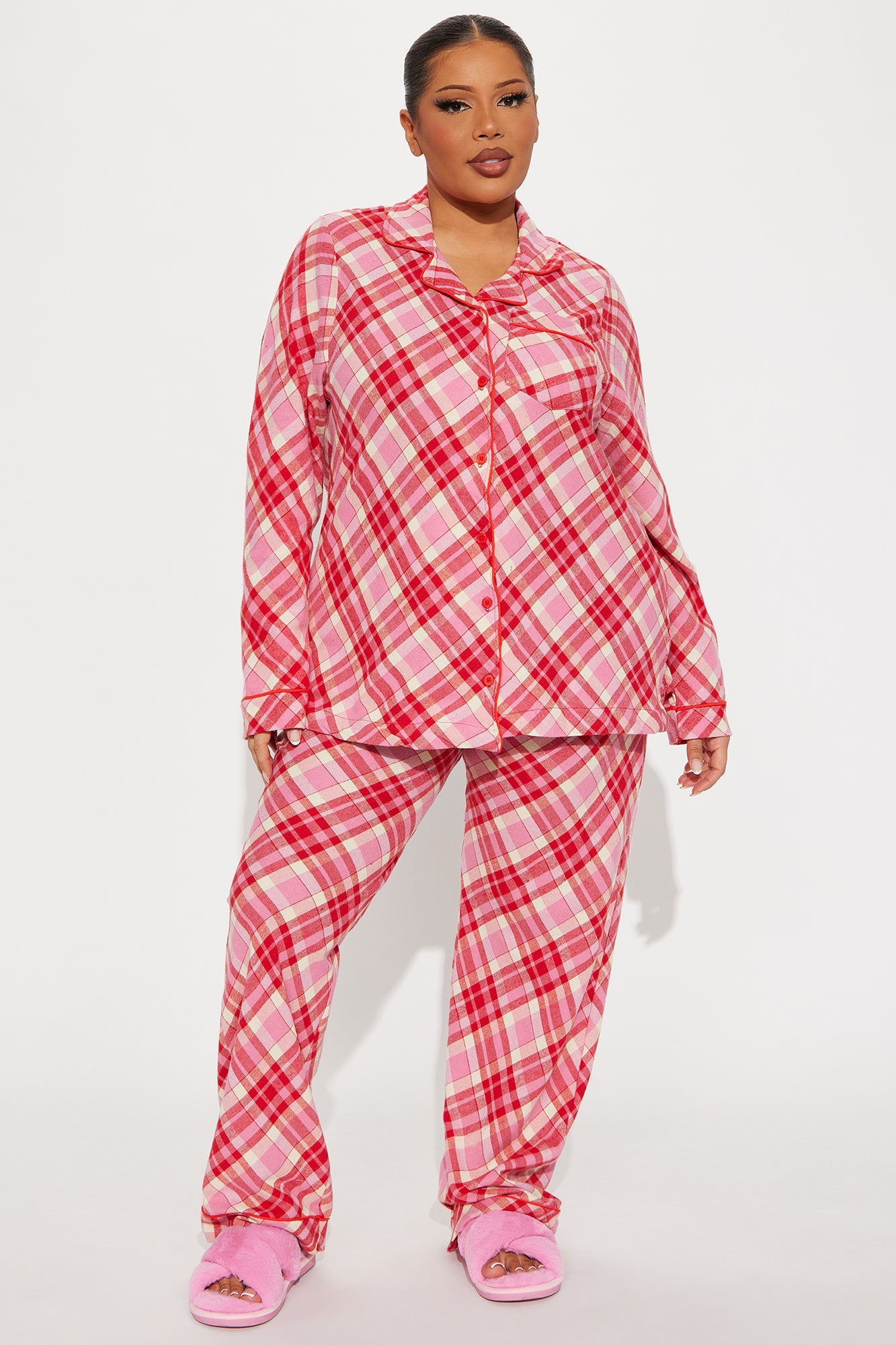 So Chill Flannel Long Sleeve PJ Pant Set - Pink/combo