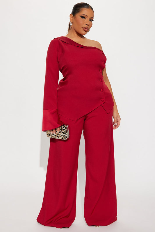 Adeline One Shoulder Satin Contrast Wide Leg Pant Set - Red
