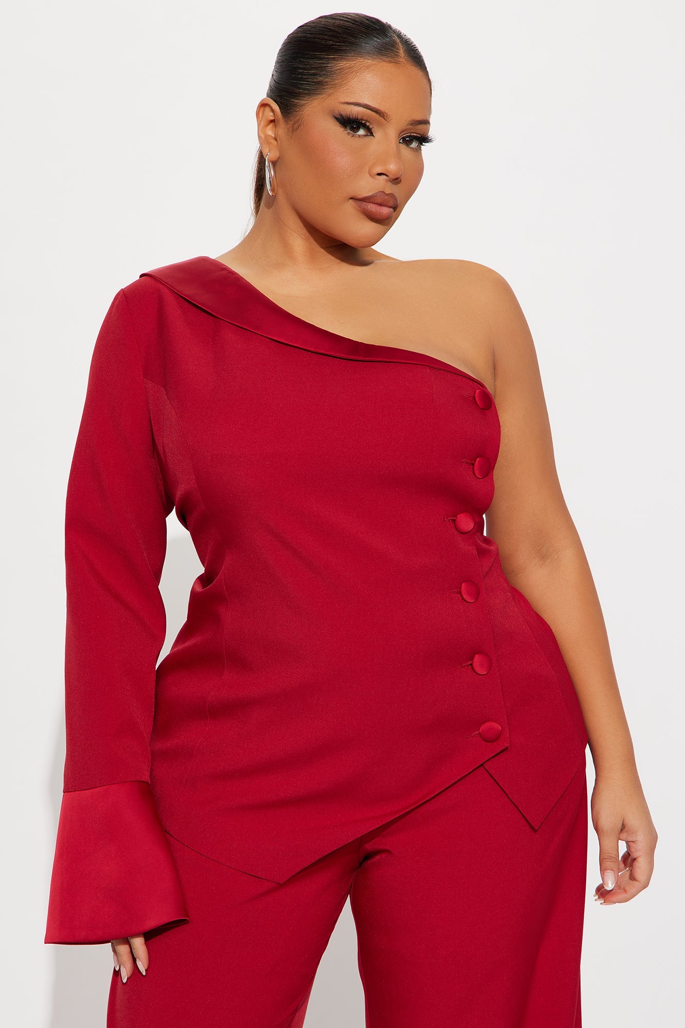 Adeline One Shoulder Satin Contrast Wide Leg Pant Set - Red