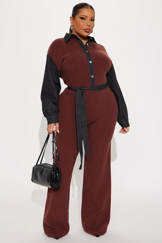 Maria Contrast Trim Collar Sweater Jumpsuit - Brown