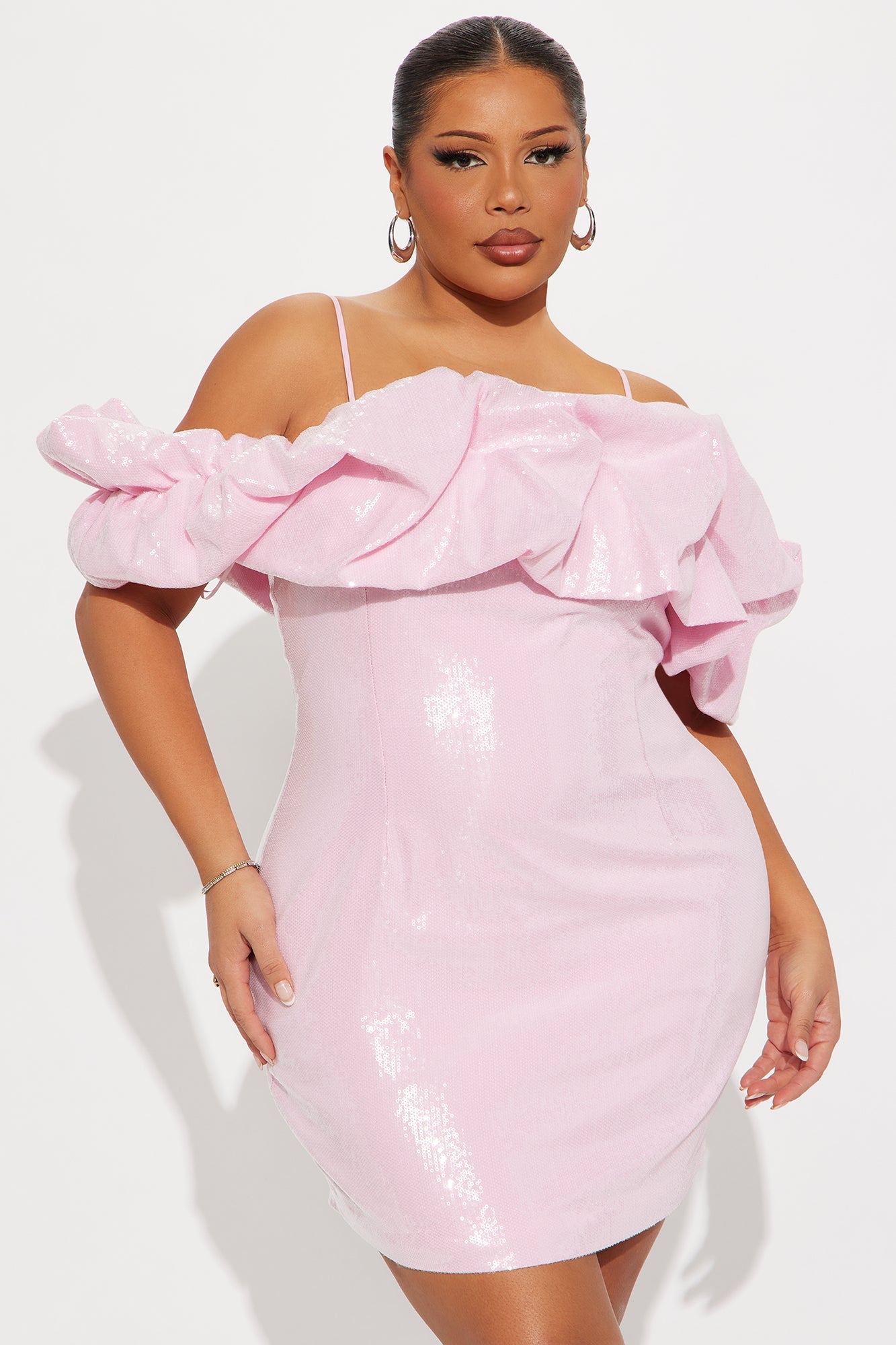 Princess Vibes Ruffle Sequin Mini Dress - Light Pink